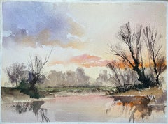 Britischer Impressionist Aquarell eines Sonnenuntergangs Reflexionen auf einem ruhigen Fluss