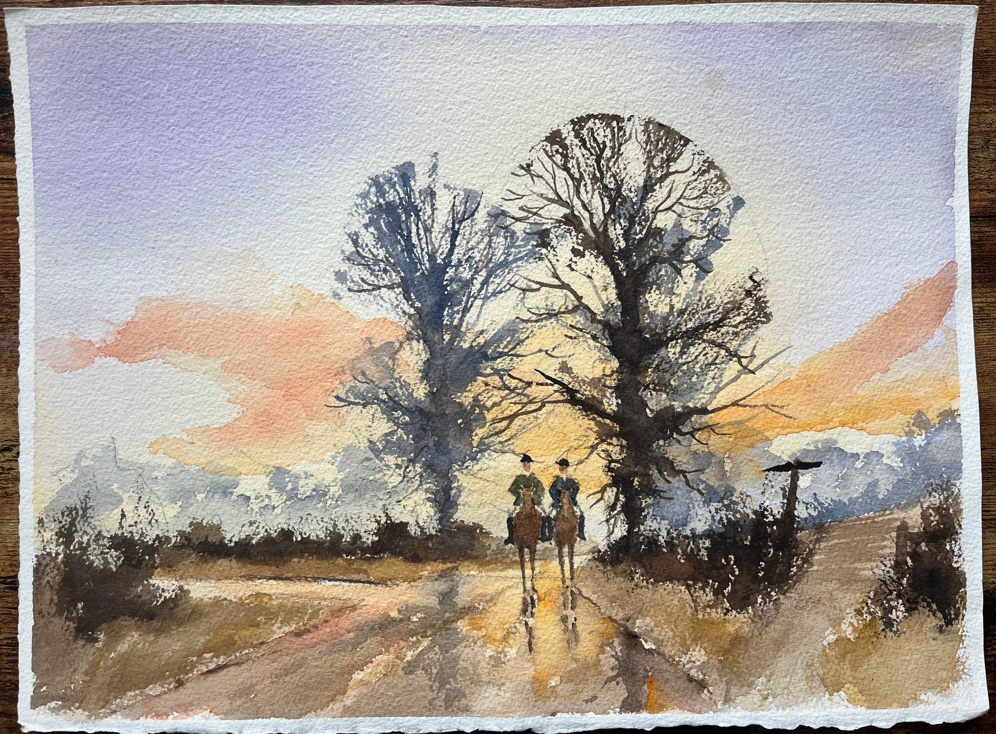 Acquerello impressionista britannico di una corsa al tramonto attraverso la campagna - Painting di Anthony Avery