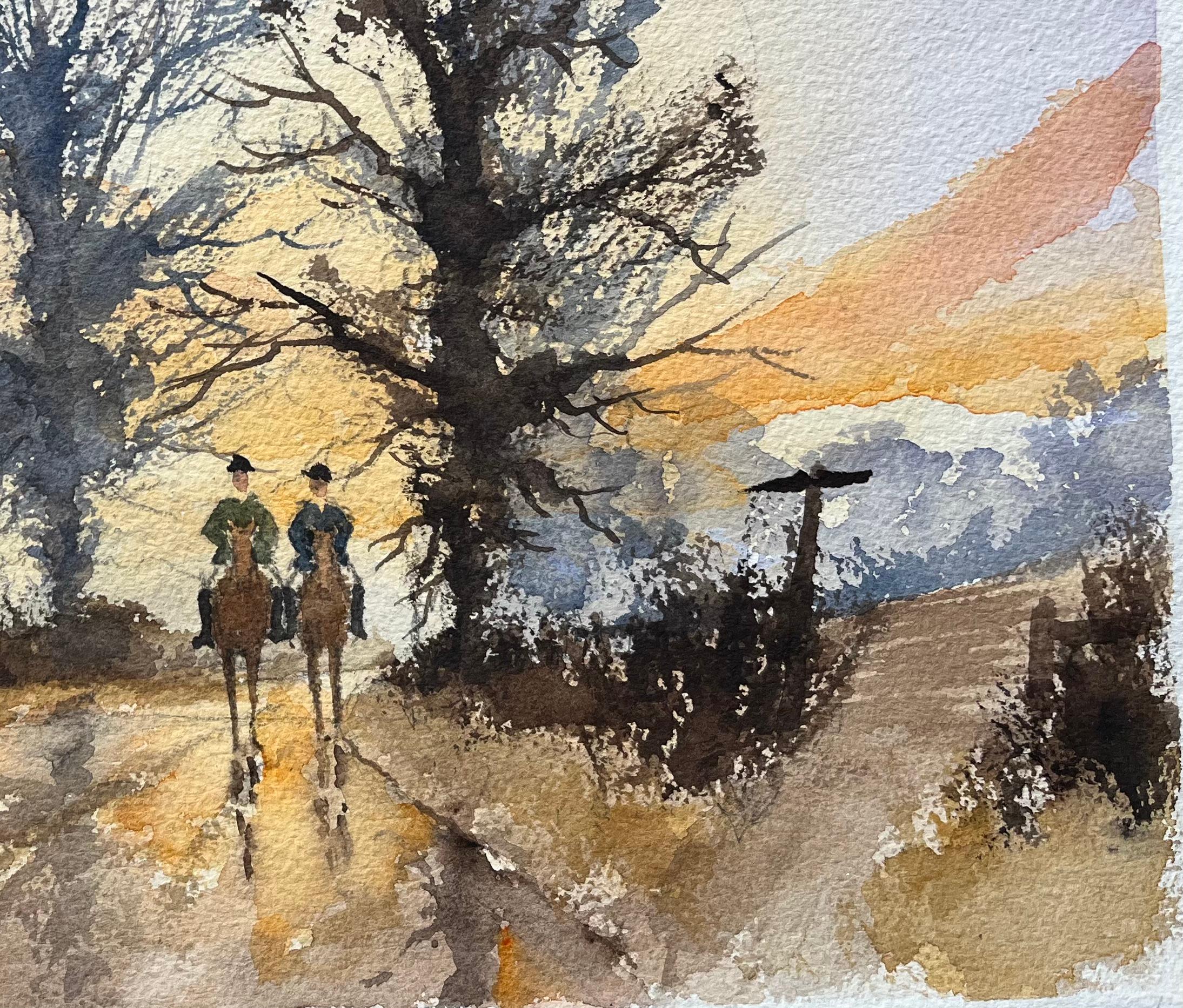 Acquerello impressionista britannico di una corsa al tramonto attraverso la campagna - Landscape Painting Grigio di Anthony Avery