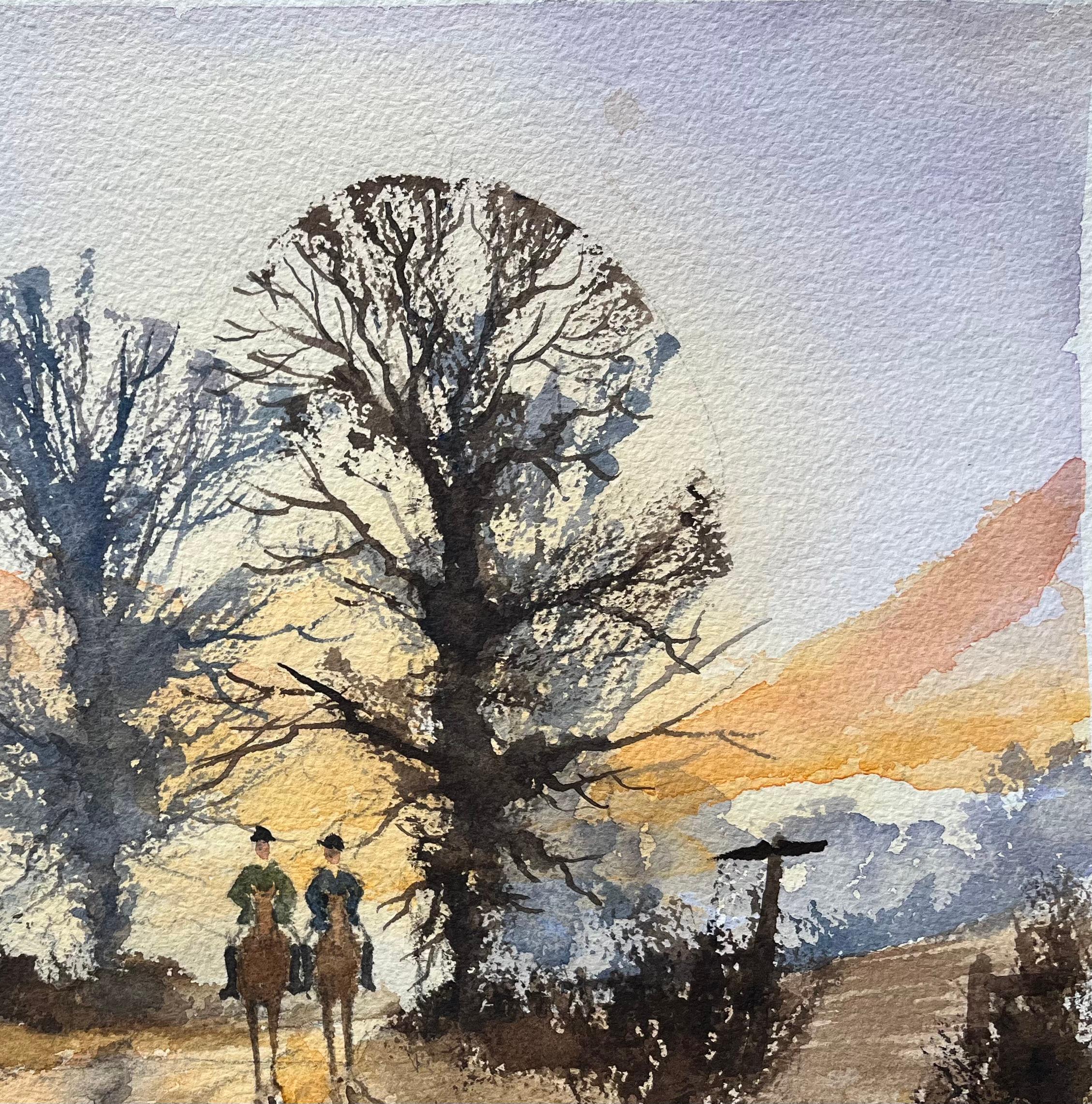Titolo: Acquerello impressionista britannico di una cavalcata al tramonto attraverso la campagna
Di Anthony Avery (Regno Unito 1946-2023)
Acquerello originale su carta per artisti, senza cornice
Dimensioni: 11,25 x 15 pollici (altezza x
