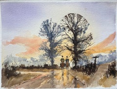 Britischer Impressionist Aquarell eines Sonnenuntergangs Ritt durch die Landschaft