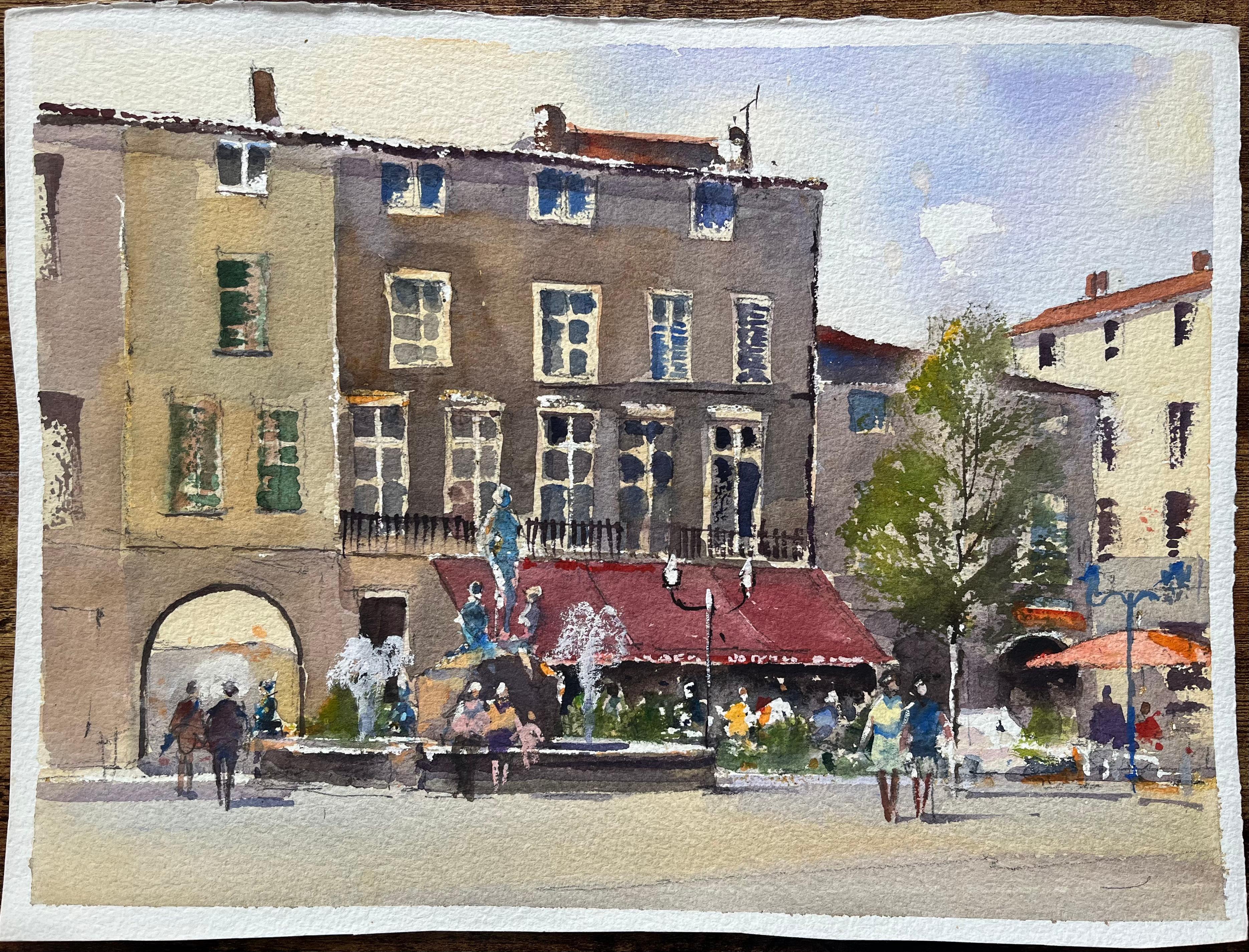 Aquarelle impressionniste britannique d'une place de ville avec fontaine et cafés - Painting de Anthony Avery