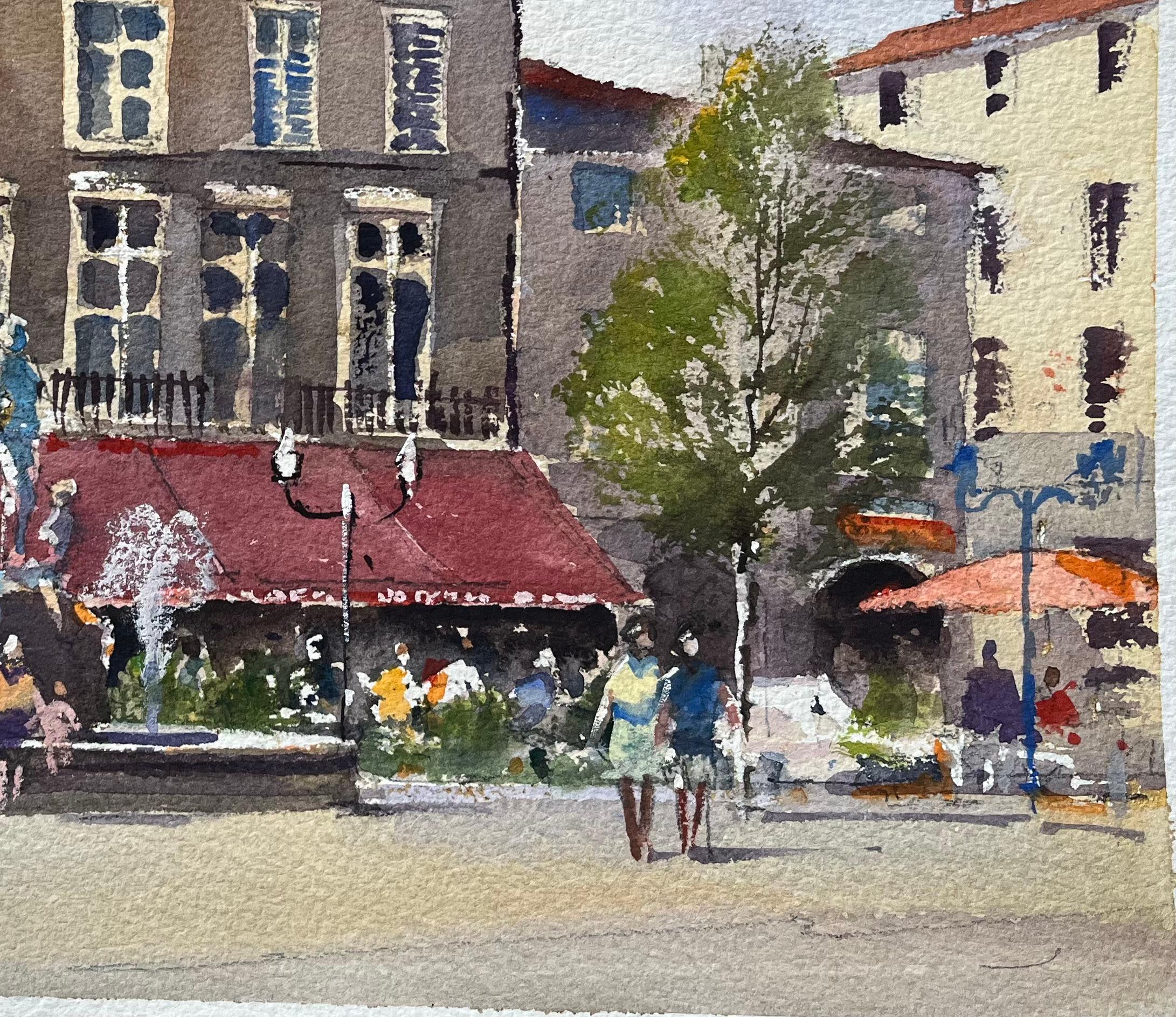 Aquarelle impressionniste britannique d'une place de ville avec fontaine et cafés - Impressionnisme Painting par Anthony Avery