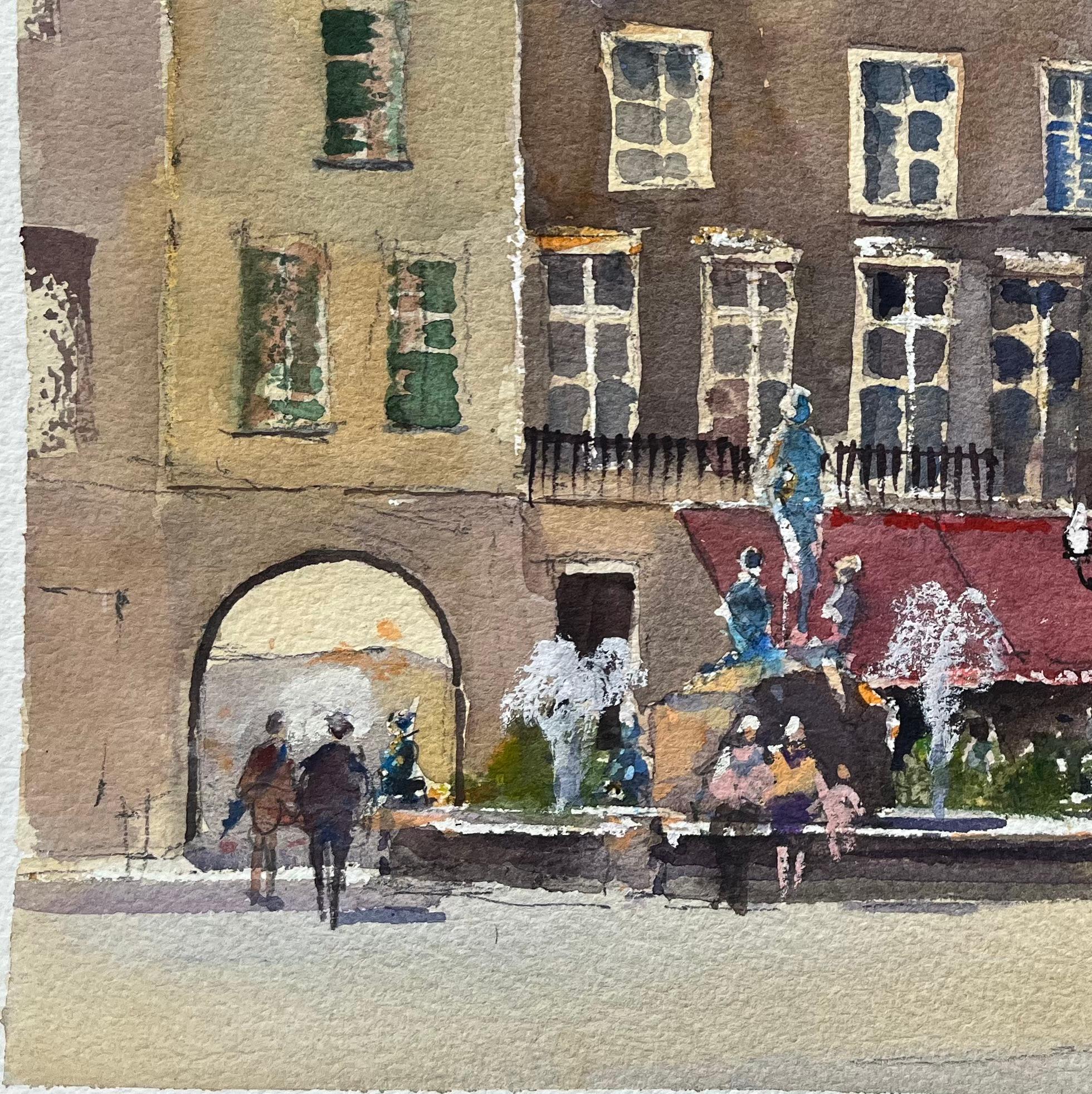 Titre : Aquarelle impressionniste britannique d'une place de Townes avec fontaine et cafés
Par Anthony Avery (britannique 1946-2023)
Aquarelle originale sur papier d'artiste, non encadrée
Dimensions : 11.25 x 15 pouces (hauteur x largeur)
Condit :