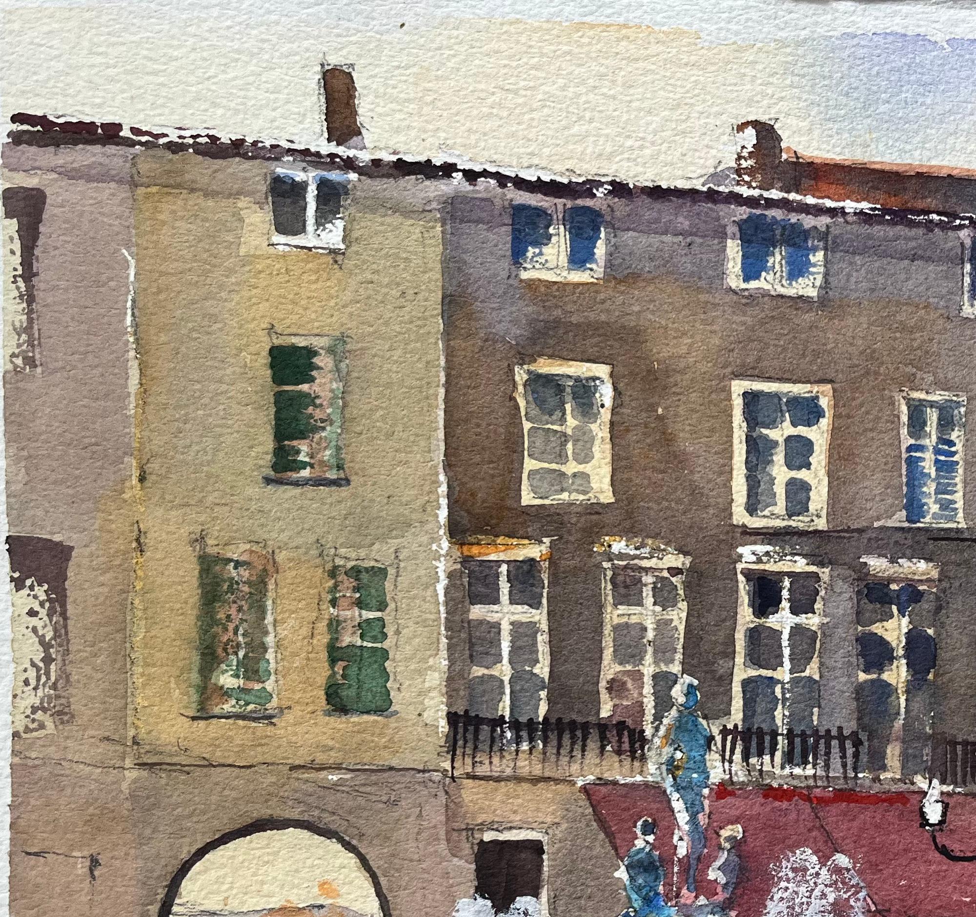 Aquarelle impressionniste britannique d'une place de ville avec fontaine et cafés en vente 1
