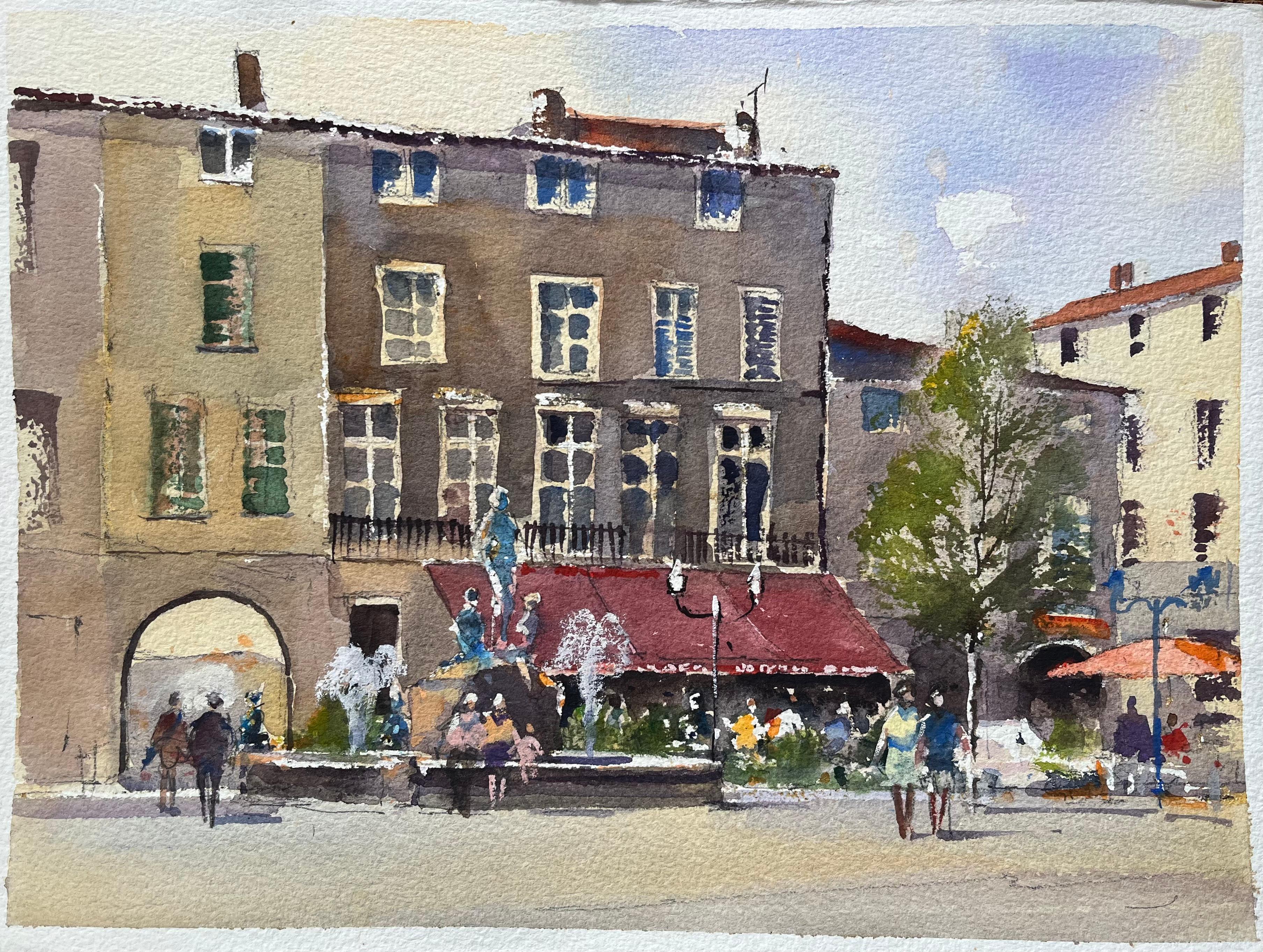 Acquerello impressionista britannico di una piazza di Townes con fontana e caffè