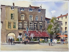 British Impressionist Watercolor of a Town Square with Fountain and Cafes
