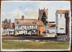 Britisches impressionistisches Aquarell einer traditionellen englischen Dorfszene