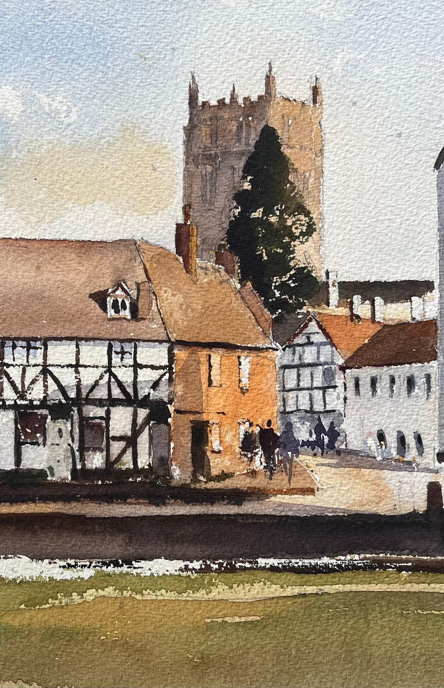 Britisches impressionistisches Aquarell einer traditionellen englischen Dorfszene (Beige), Landscape Painting, von Anthony Avery