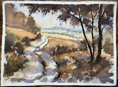 Britisches impressionistisches Aquarell eines Tranquil Country Lane mit Rolling Hills, britisches Impressionismus