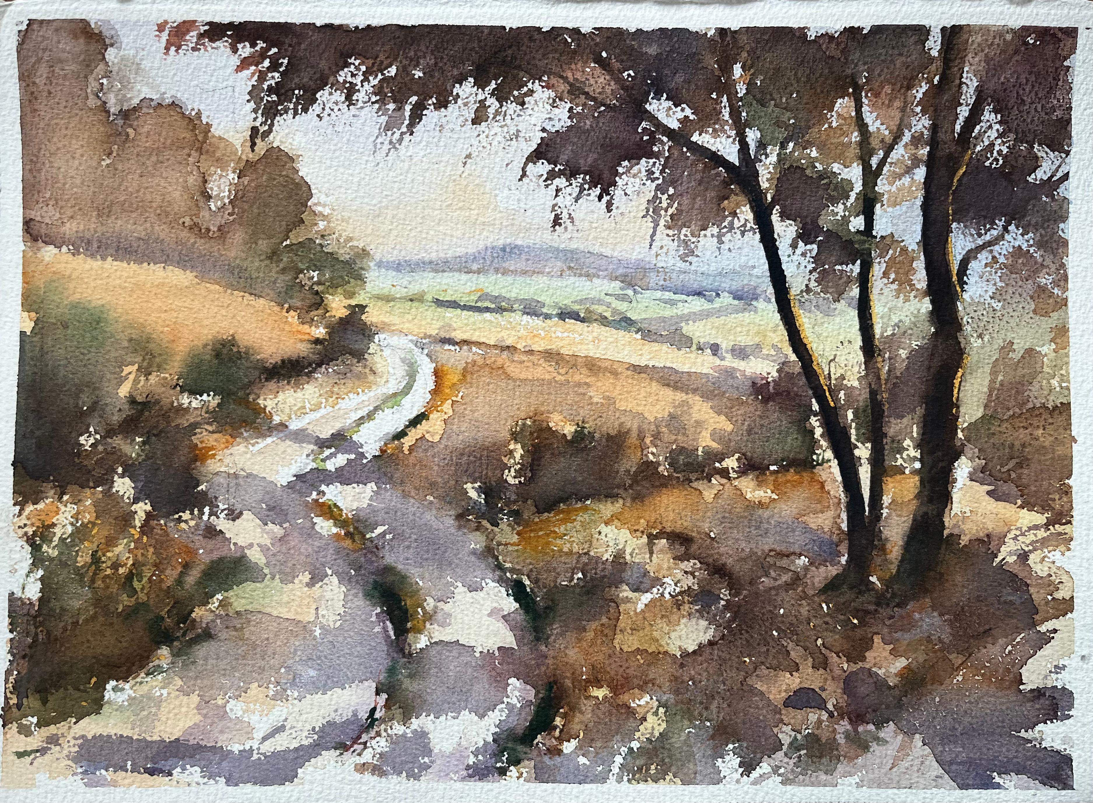 Landscape Painting de Anthony Avery - Acuarela impresionista británica de un tranquilo camino rural con colinas ondulantes