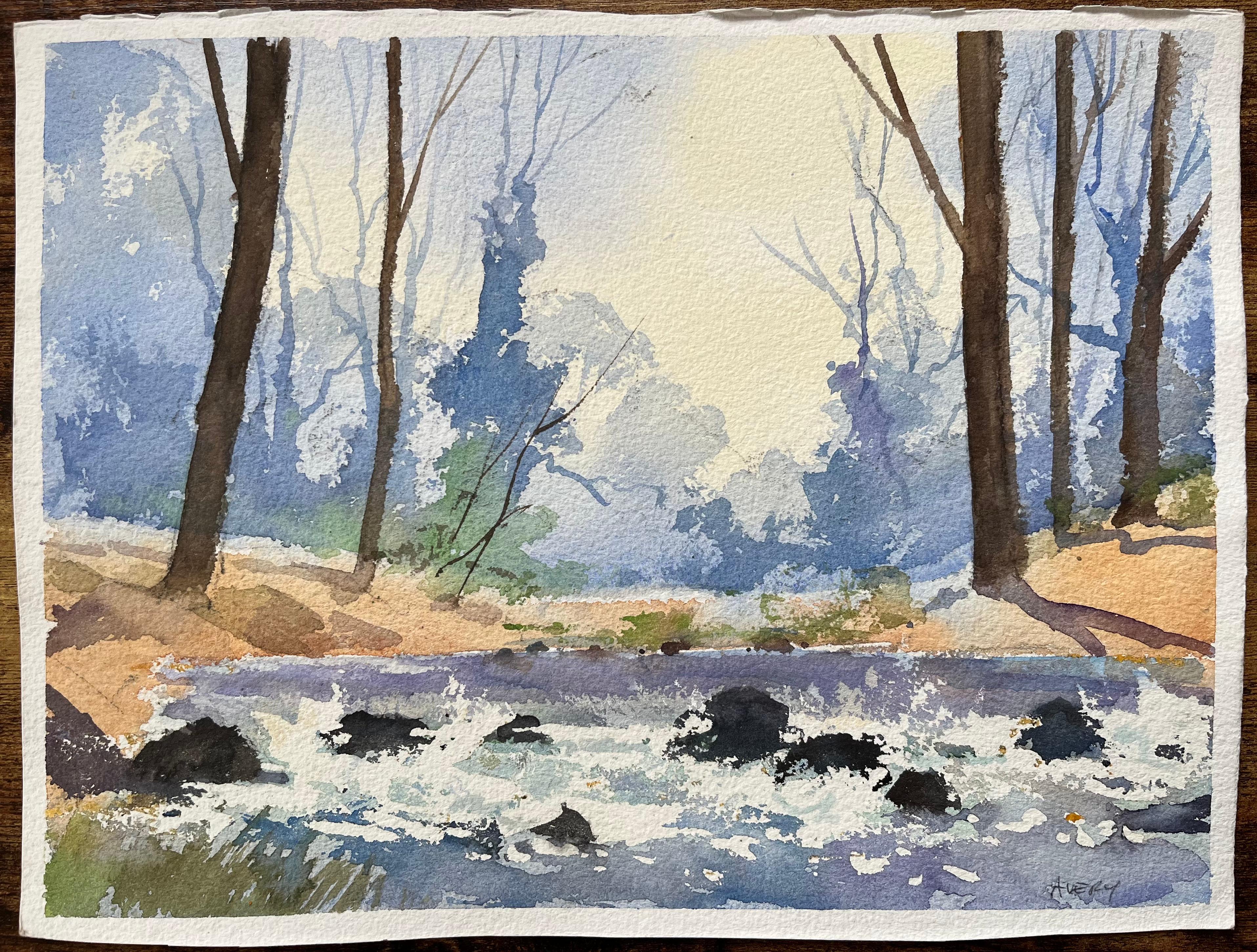 Britisches impressionistisches Aquarell eines Tranquil-Wälder Streams während des Winters – Painting von Anthony Avery