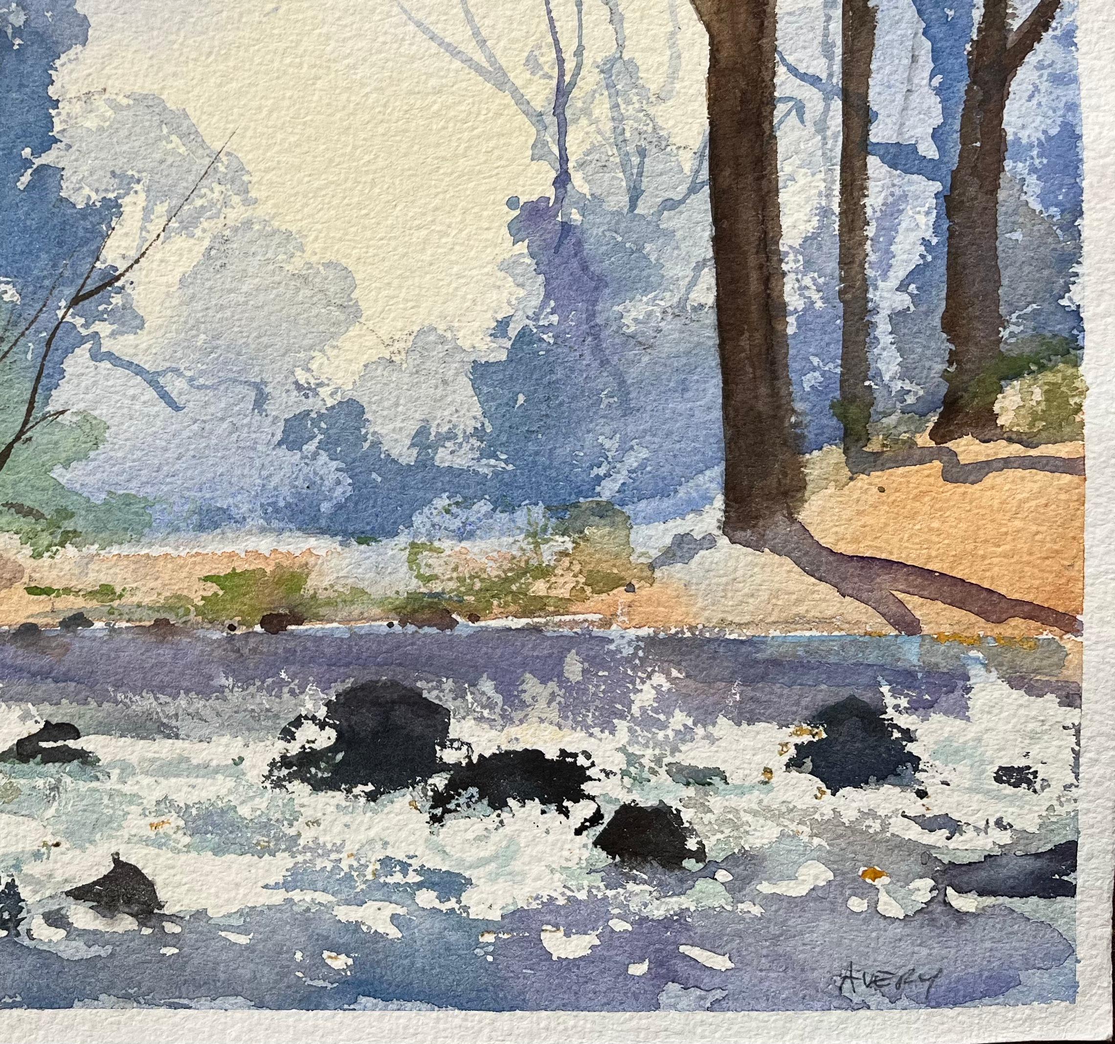 Britisches impressionistisches Aquarell eines Tranquil-Wälder Streams während des Winters (Impressionismus), Painting, von Anthony Avery