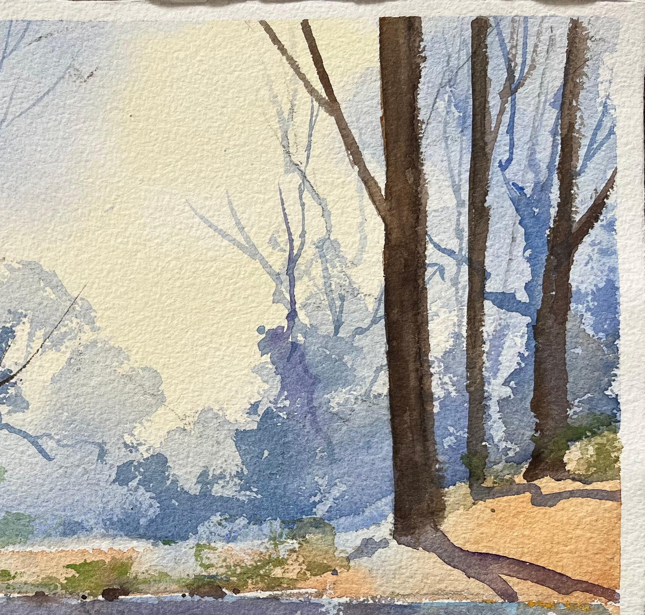 Titel: Britischer Impressionist Aquarell eines ruhigen Waldbachs im Winter
Von Anthony Avery (Brite 1946-2023)
Original-Aquarell auf Künstlerpapier, ungerahmt
Unterschrieben: Ja
Abmessungen: 11,25 x 15 Zoll (Höhe x Breite)
Zustand: Gut, mit leichten