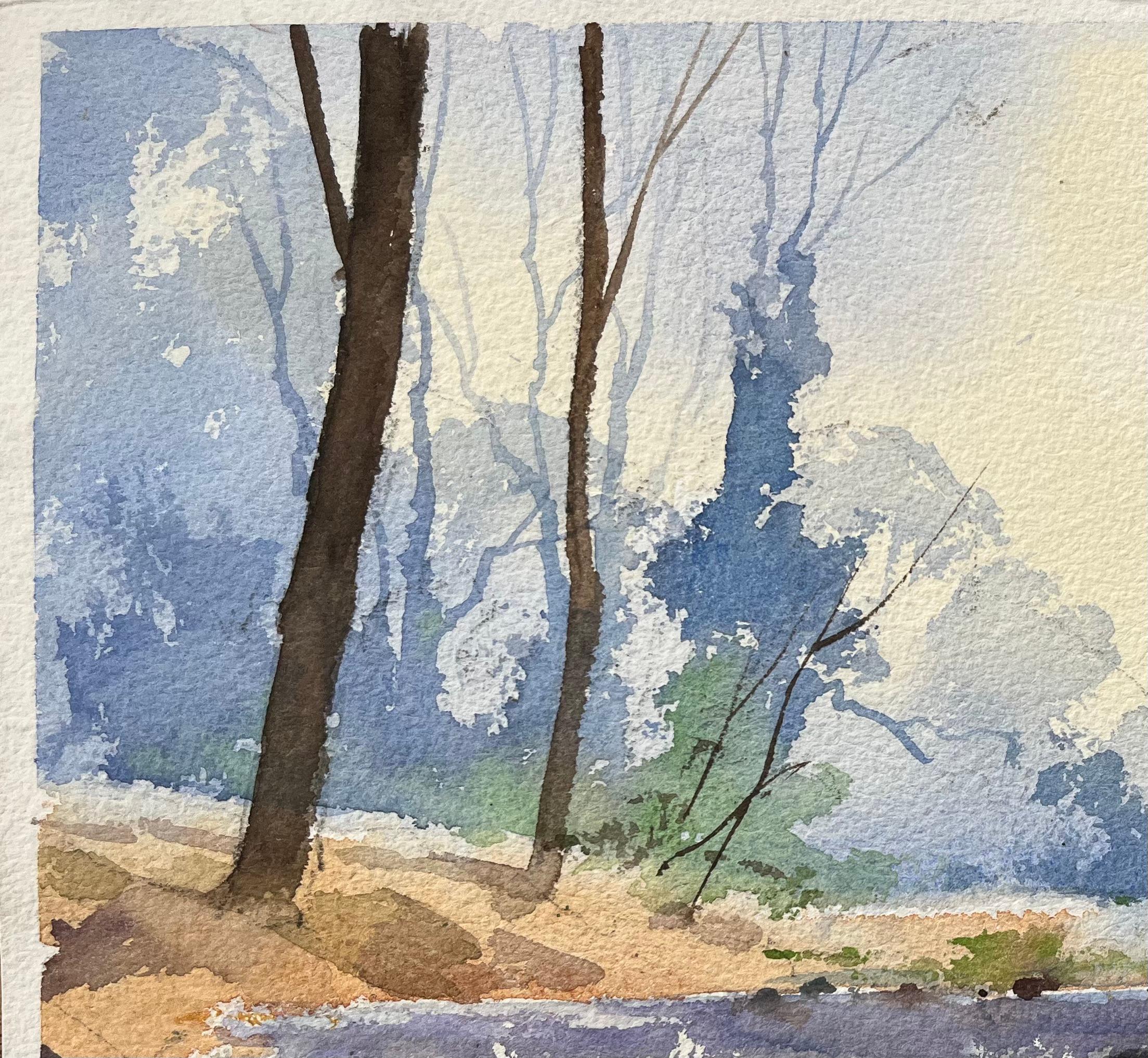 Britisches impressionistisches Aquarell eines Tranquil-Wälder Streams während des Winters im Angebot 1