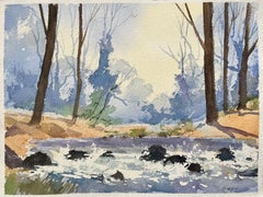 British Impressionist Watercolor of a Tranquil Forest Stream During Winter