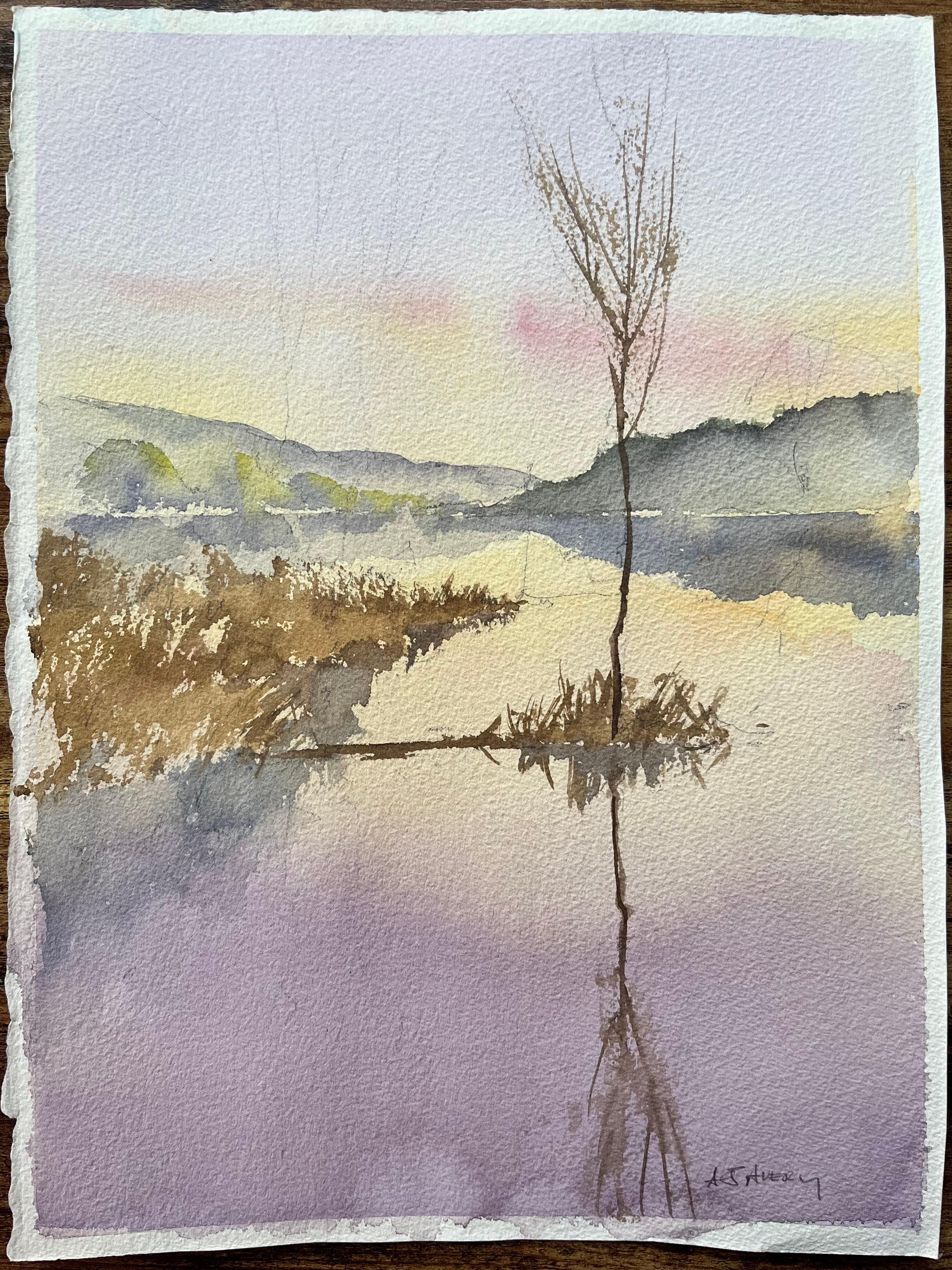 Britischer Impressionist Aquarell einer ruhigen Seeufer-Szene bei Sonnenuntergang – Painting von Anthony Avery