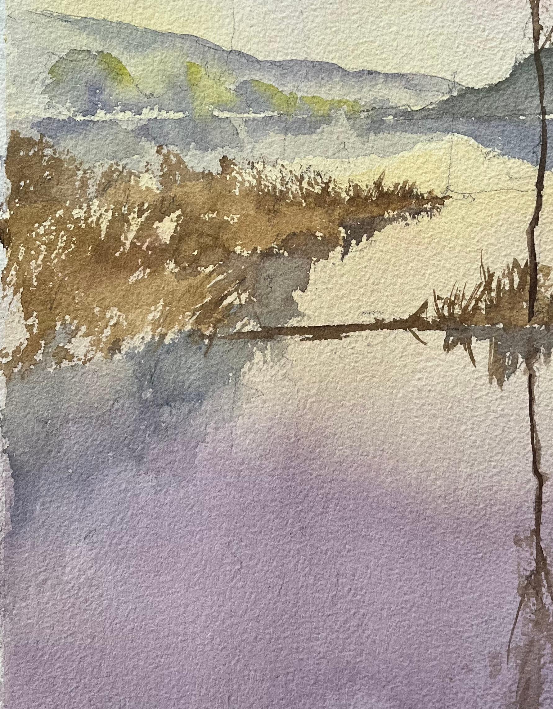 Britischer Impressionist Aquarell einer ruhigen Seeufer-Szene bei Sonnenuntergang (Grau), Landscape Painting, von Anthony Avery