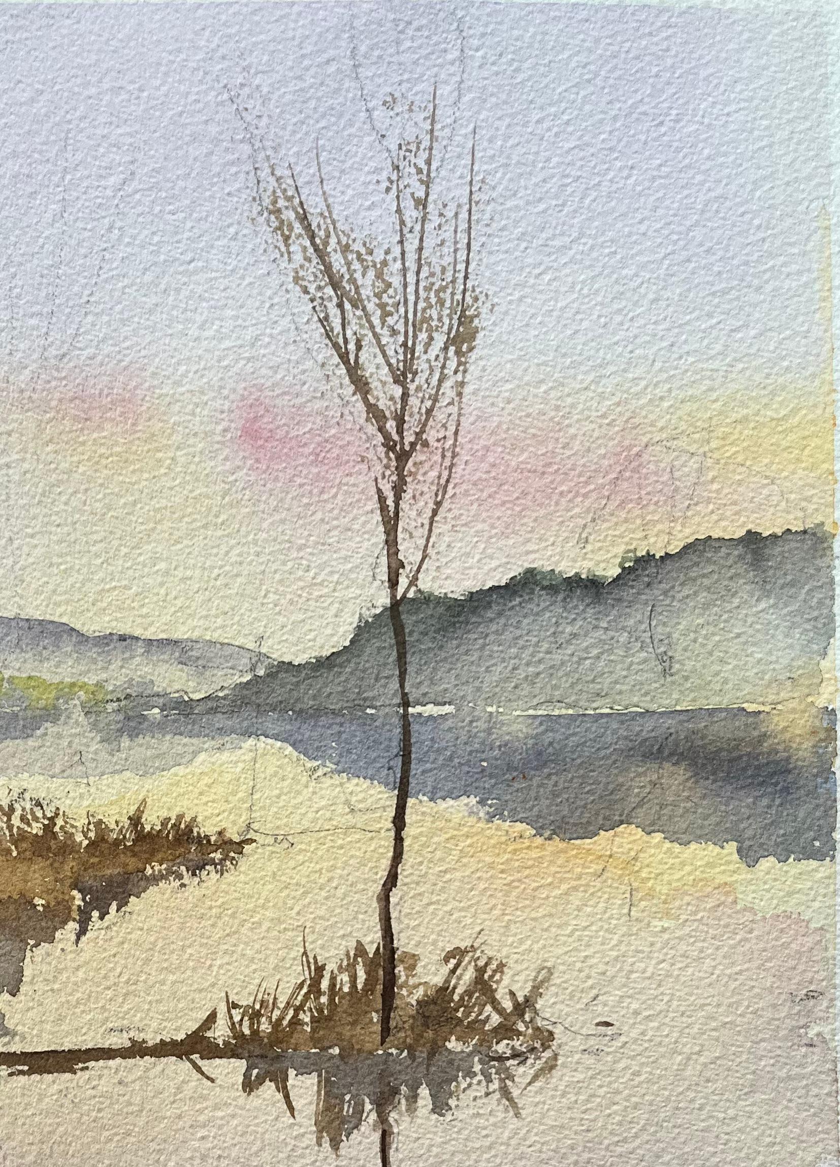 Titel: Aquarell eines britischen Impressionisten mit einer ruhigen Seeszene bei Sonnenuntergang
Von Anthony Avery (Brite 1946-2023)
Original-Aquarell auf Künstlerpapier, ungerahmt
Unterschrieben: Ja
Abmessungen: 15,25 x 11,25 Zoll (Höhe x