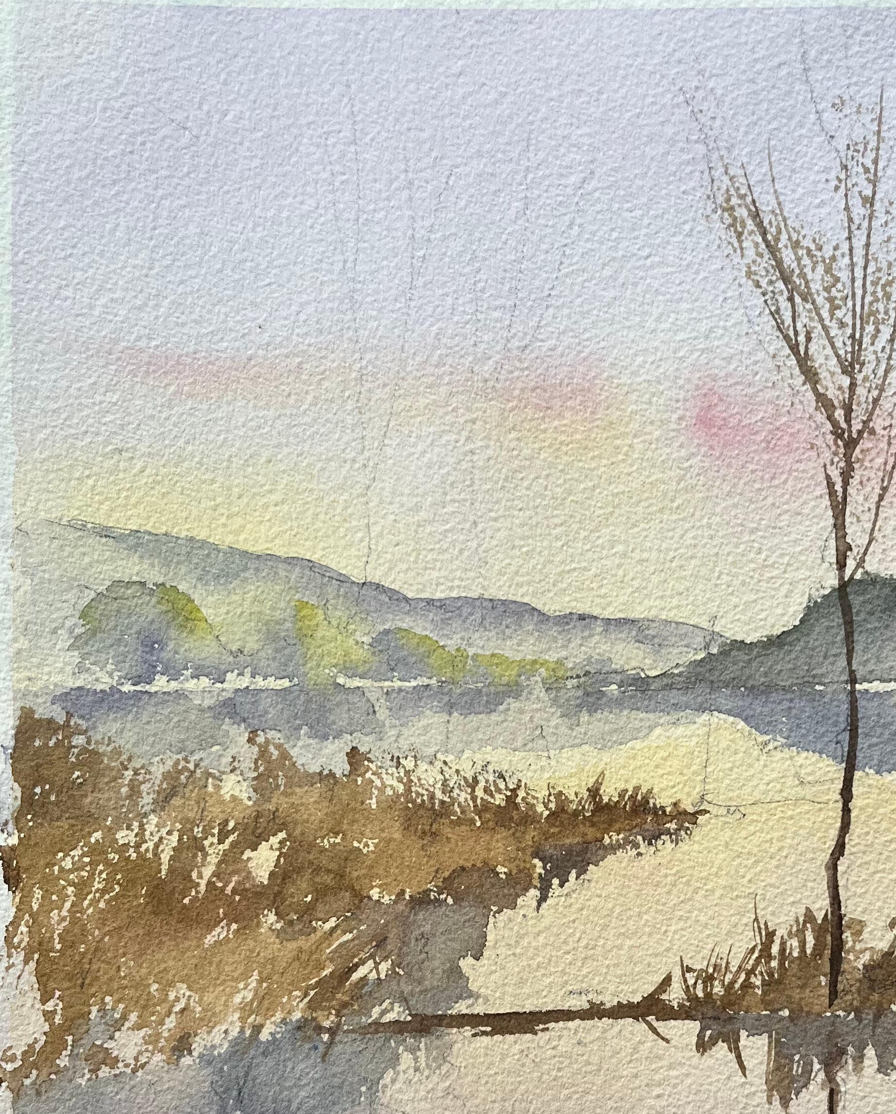 Britischer Impressionist Aquarell einer ruhigen Seeufer-Szene bei Sonnenuntergang im Angebot 1