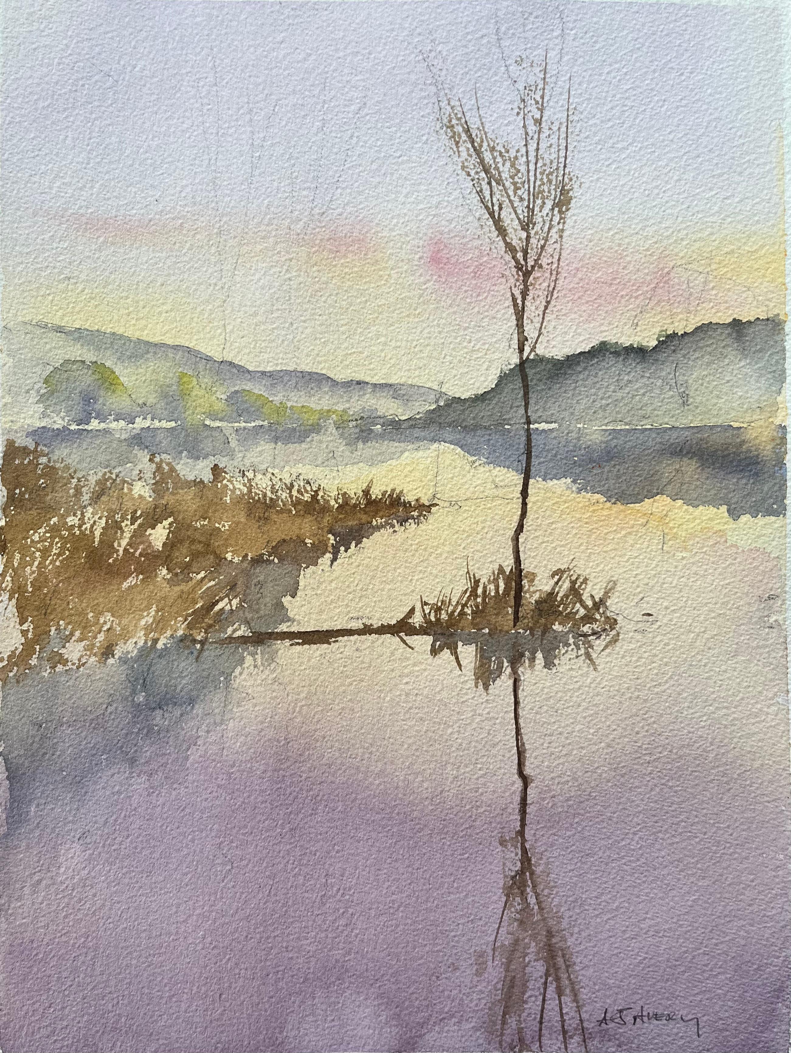 British Impressionist Watercolor of a Tranquil Lakeside Scene at Sunset