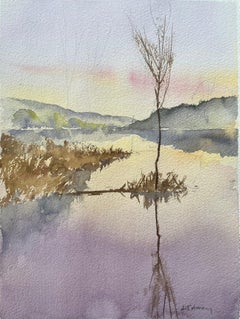 Britischer Impressionist Aquarell einer ruhigen Seeufer-Szene bei Sonnenuntergang