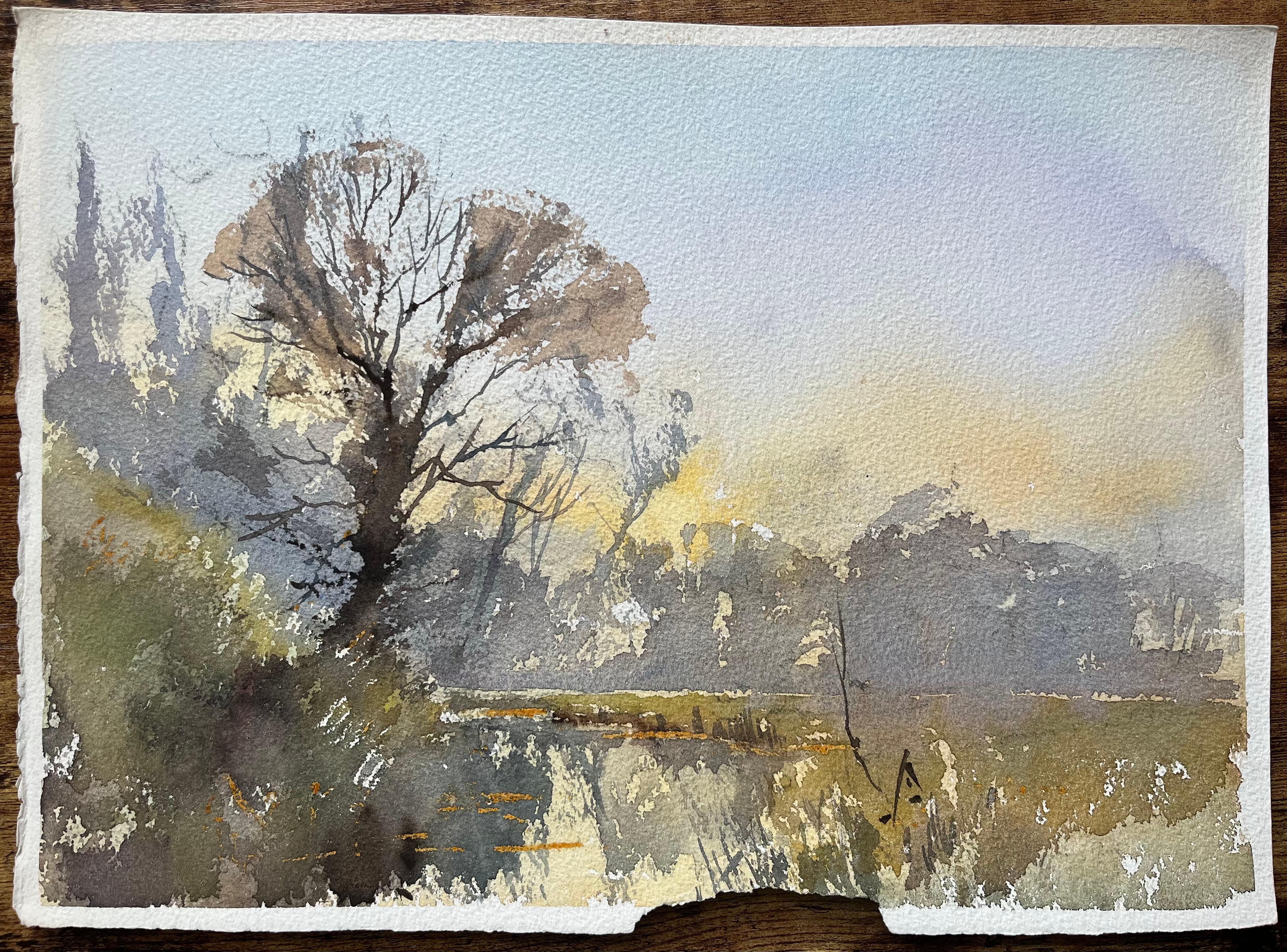 Acuarela impresionista británica de un paisaje tranquilo con río al atardecer - Painting de Anthony Avery