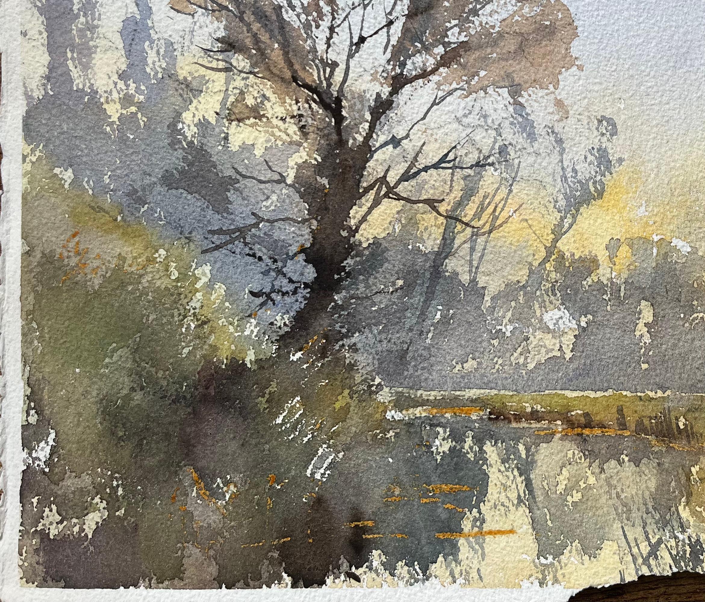 Acuarela impresionista británica de un paisaje tranquilo con río al atardecer - Painting Impresionista de Anthony Avery