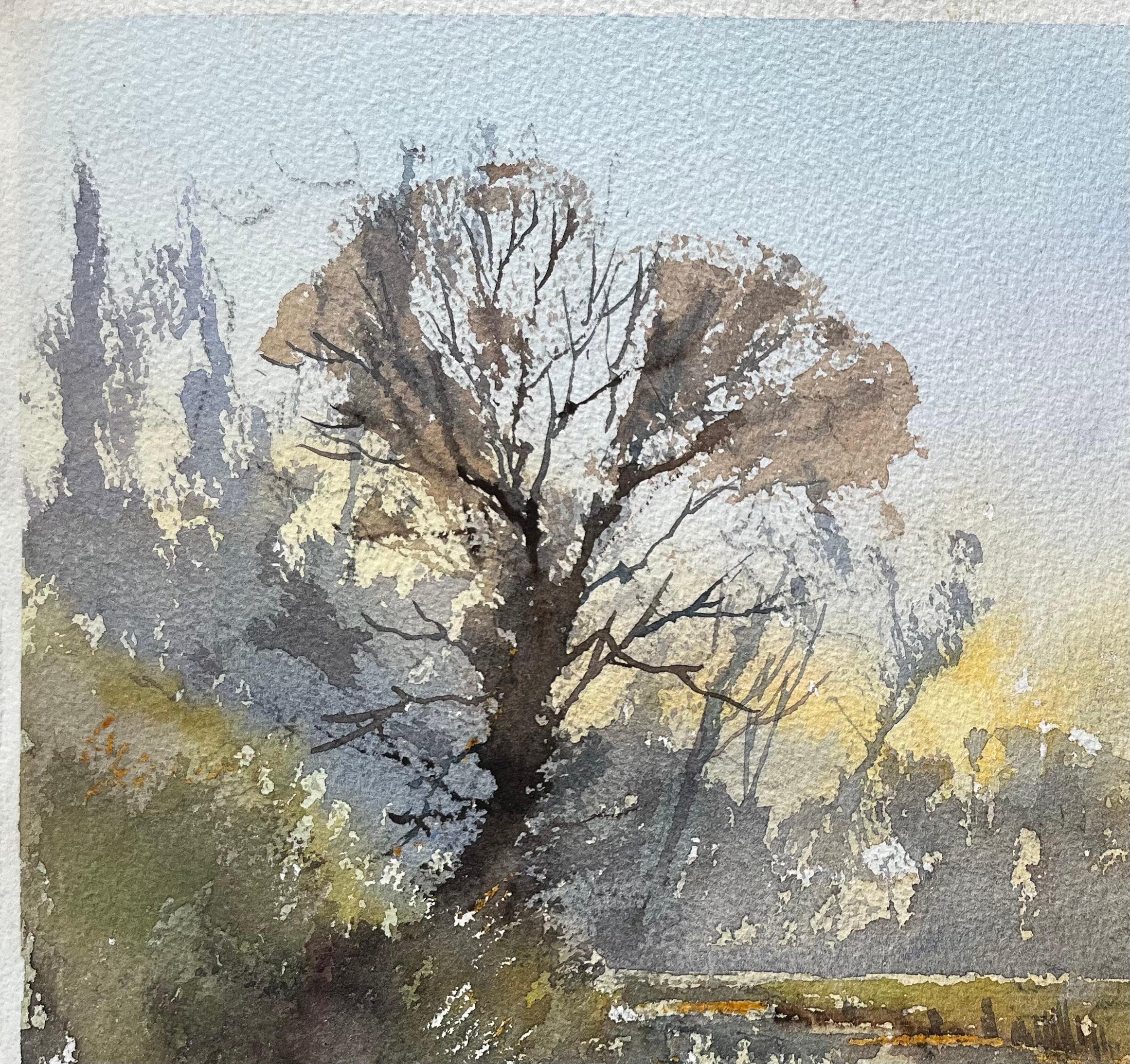 Acuarela impresionista británica de un paisaje tranquilo con río al atardecer - Landscape Painting Gris de Anthony Avery