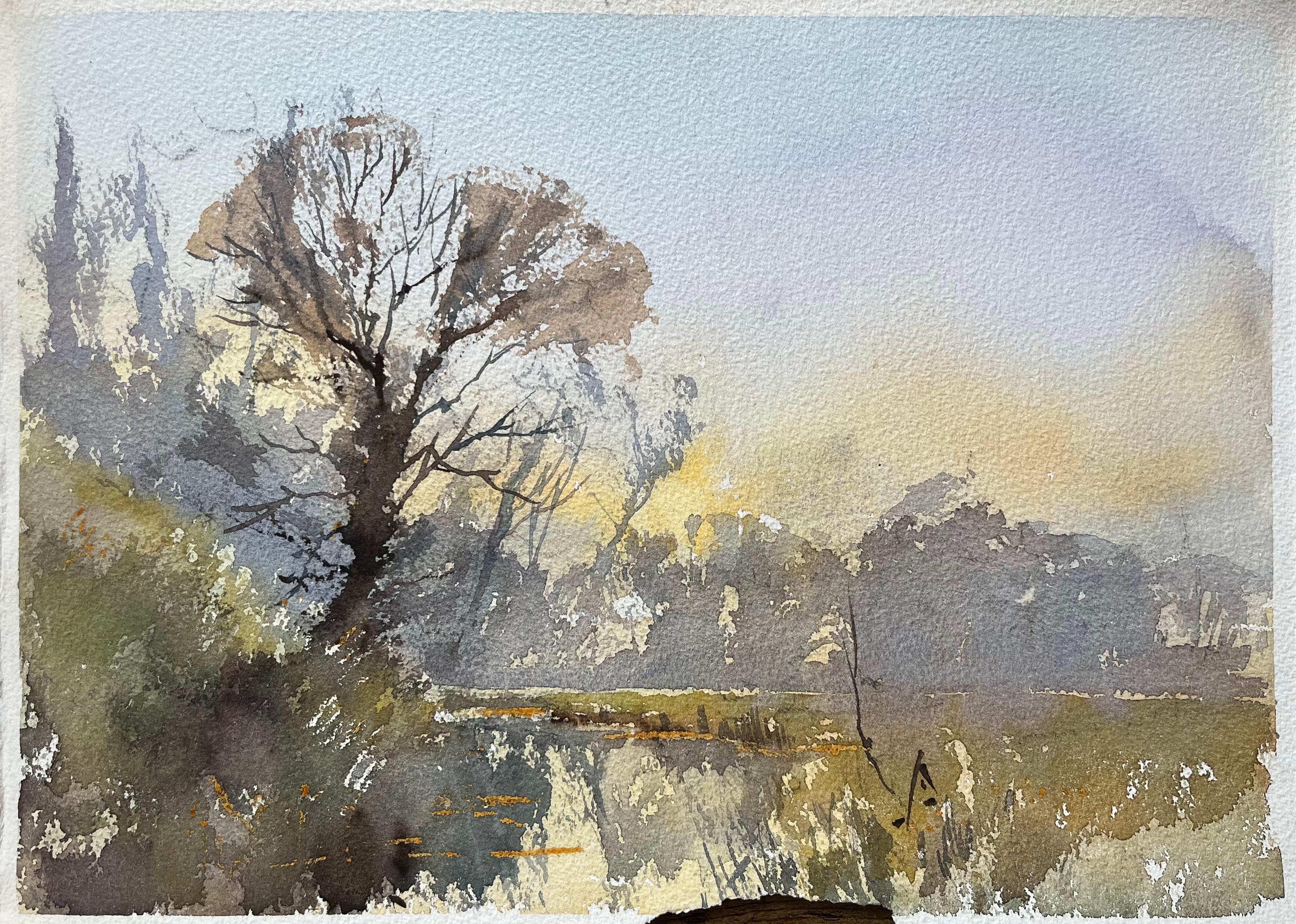 Landscape Painting de Anthony Avery - Acuarela impresionista británica de un paisaje tranquilo con río al atardecer