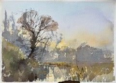 Britischer Impressionist Aquarell einer ruhigen Landschaft mit Fluss in der Abenddämmerung