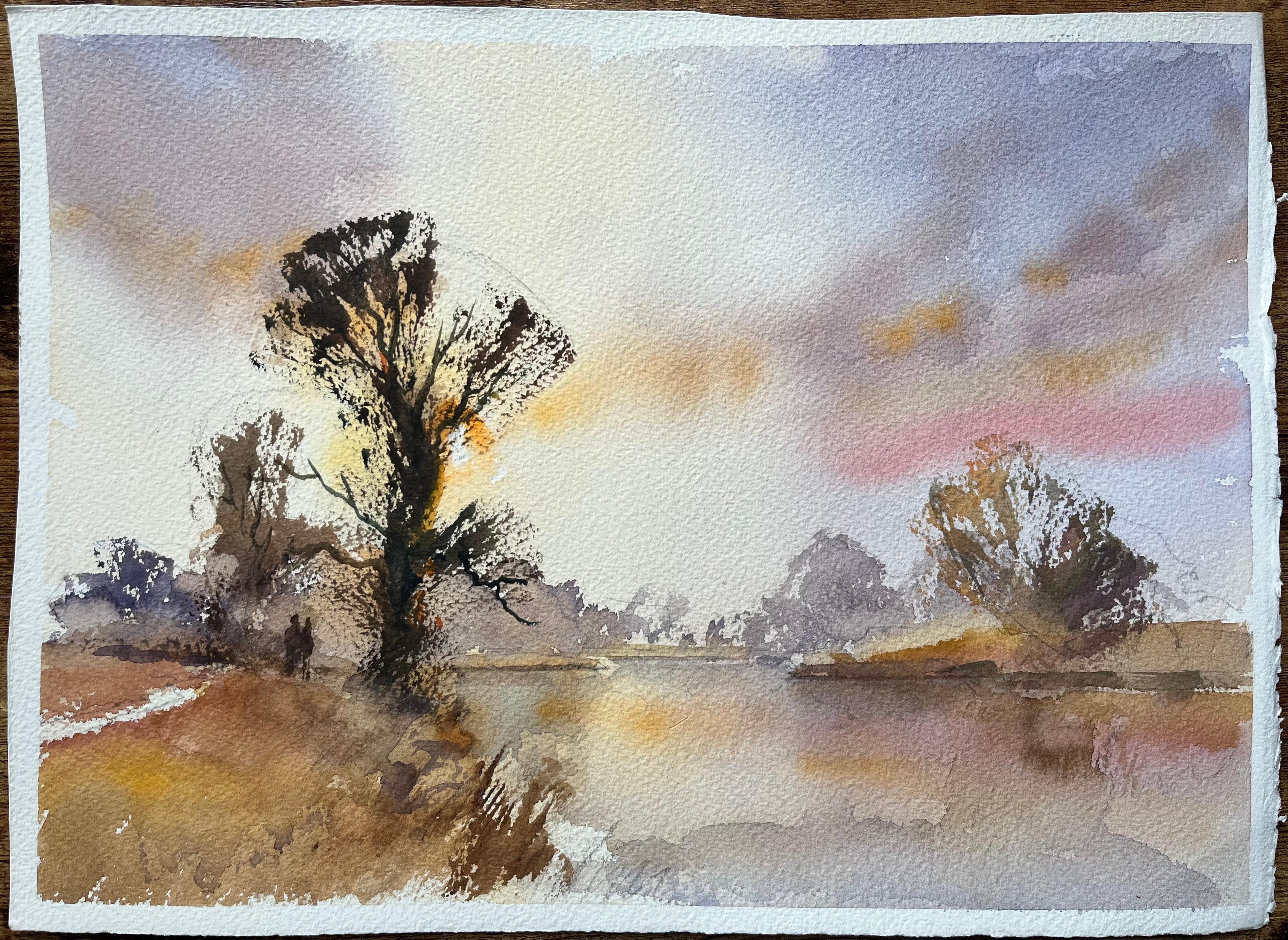 Acuarela impresionista británica de un río tranquilo al atardecer con figuras - Painting de Anthony Avery
