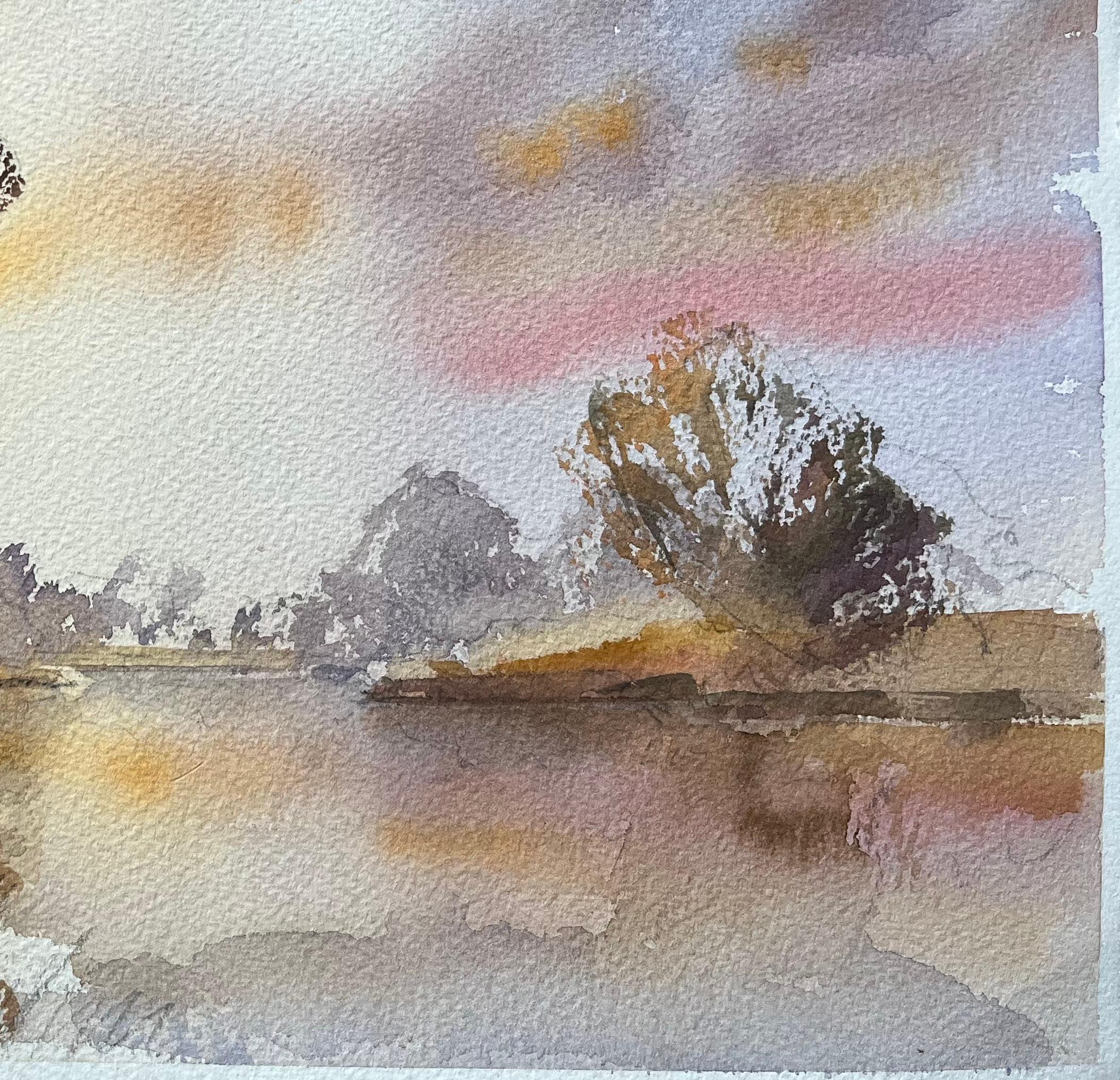 Acuarela impresionista británica de un río tranquilo al atardecer con figuras - Painting Impresionista de Anthony Avery