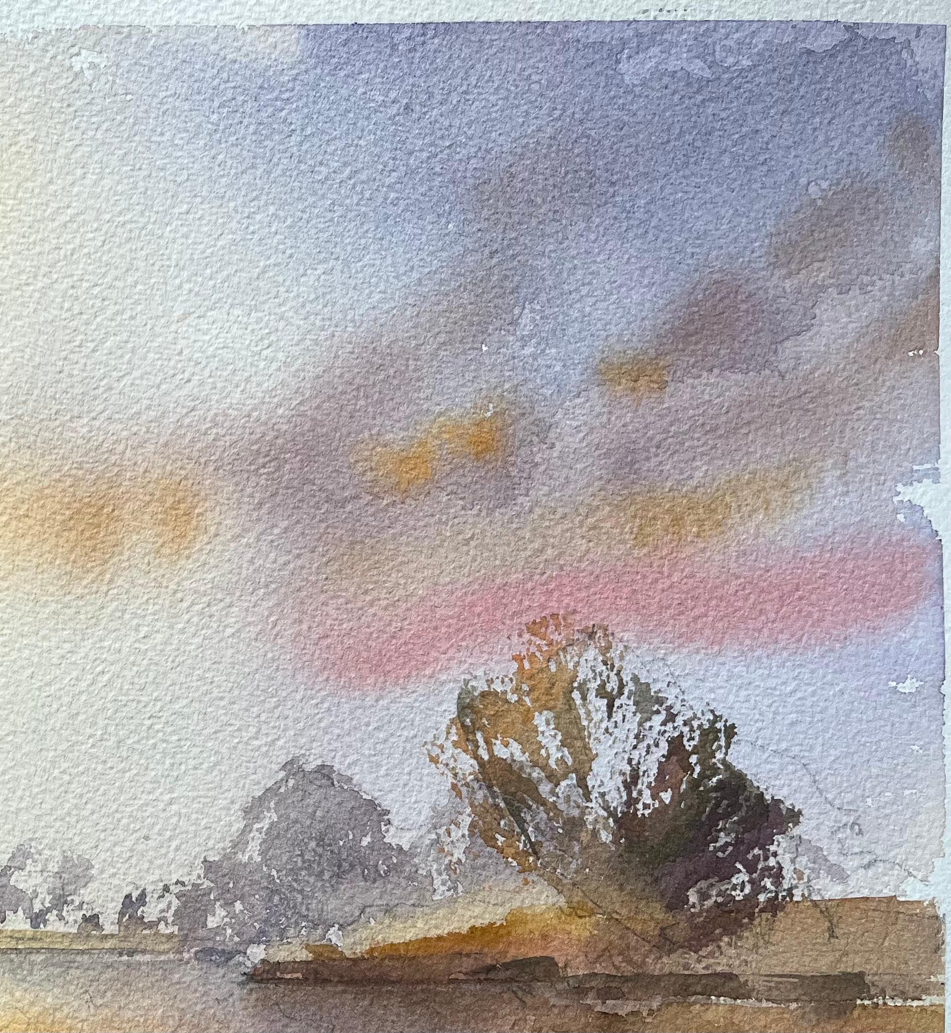 Acuarela impresionista británica de un río tranquilo al atardecer con figuras - Landscape Painting Gris de Anthony Avery