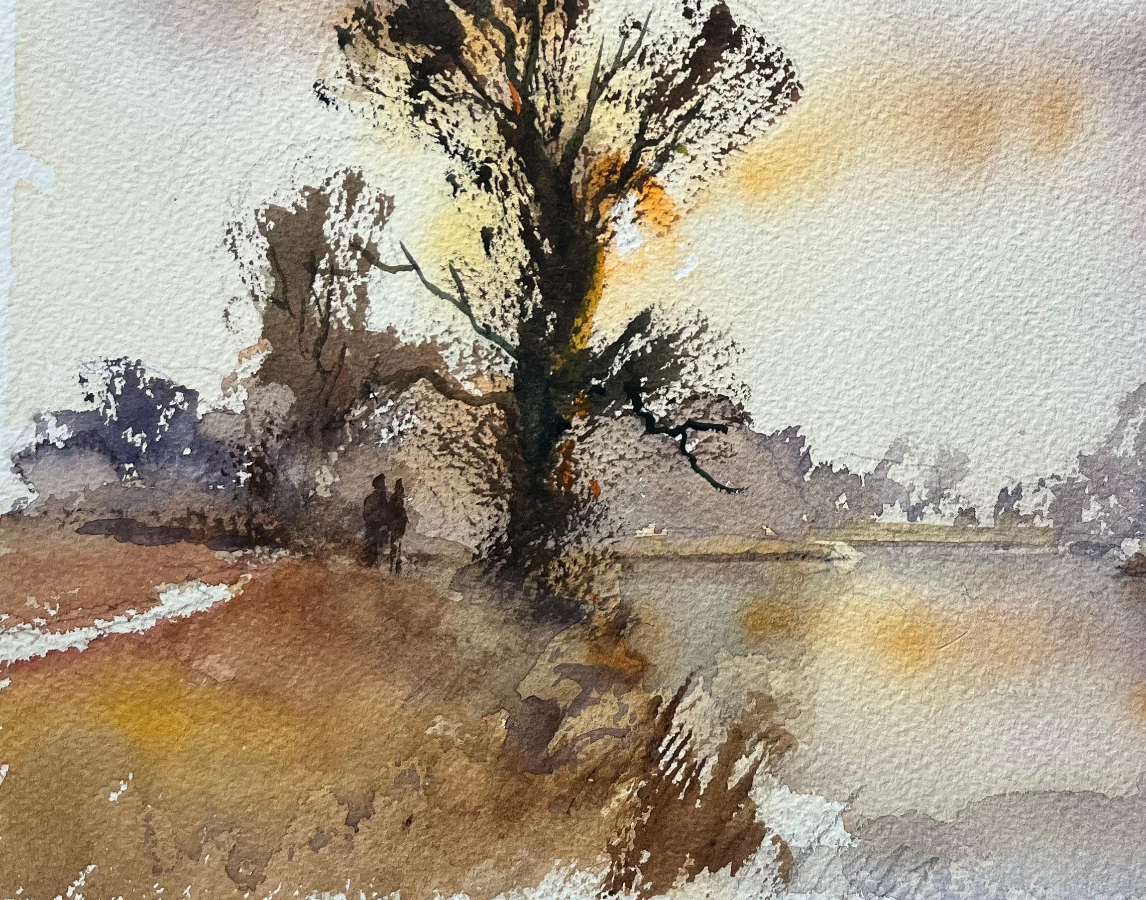 Título: Acuarela impresionista británica de un río tranquilo al atardecer con figuras
Por Anthony Avery (británico 1946-2023)
Acuarela original sobre papel de artista, sin enmarcar
Dimensiones: 11 x 15,25 pulgadas (Alto x Ancho)
Estado: Bueno, con