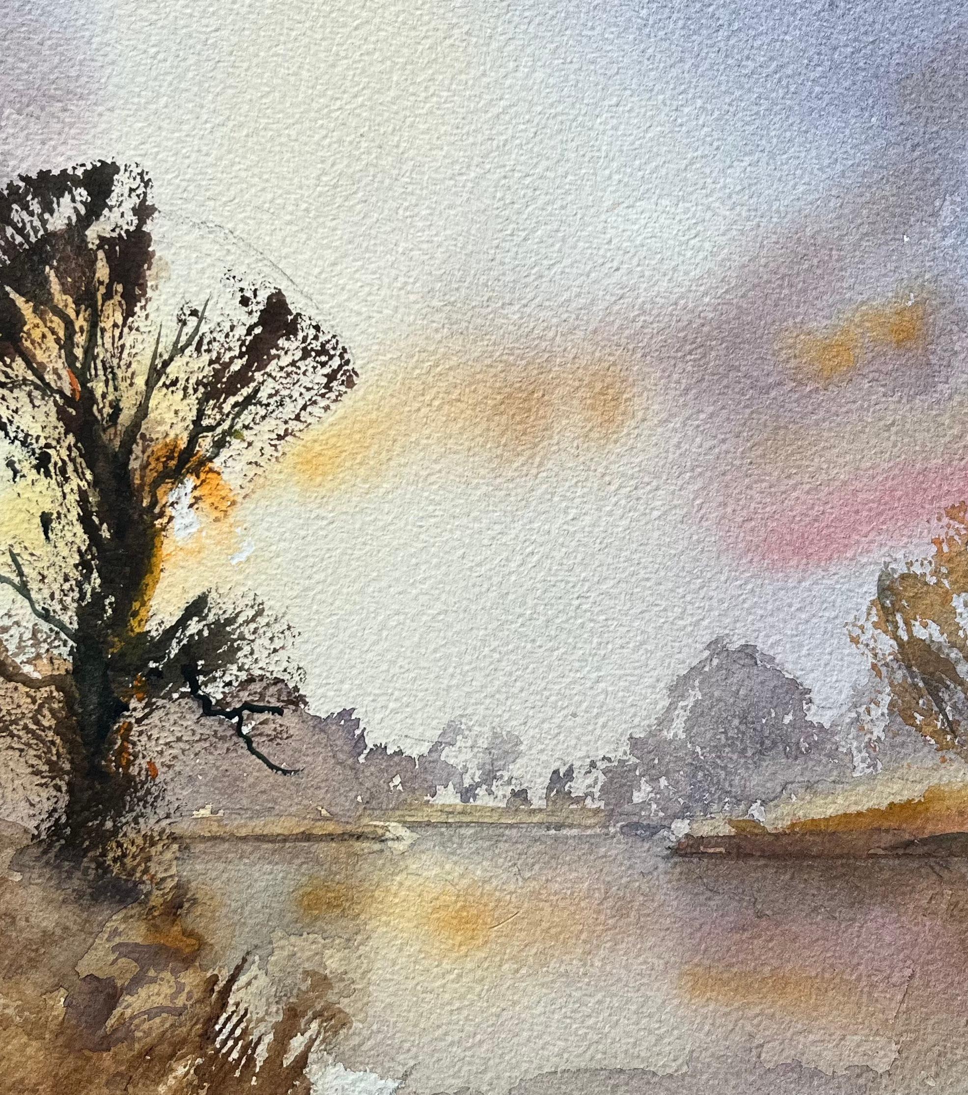 Acuarela impresionista británica de un río tranquilo al atardecer con figuras en venta 2