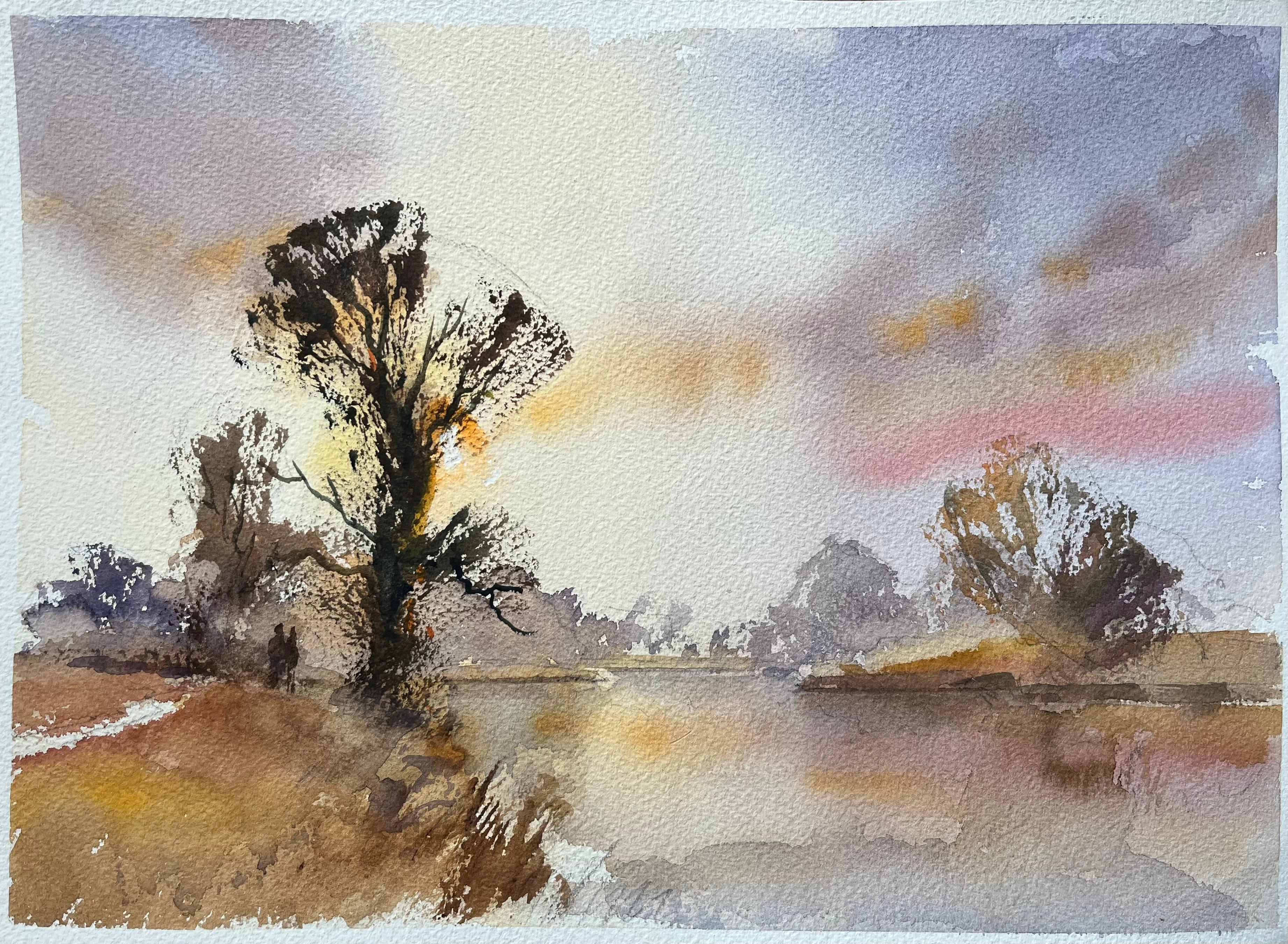 Landscape Painting de Anthony Avery - Acuarela impresionista británica de un río tranquilo al atardecer con figuras