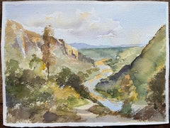 British Impressionist Watercolor of a Tranquil River Valley Landscape