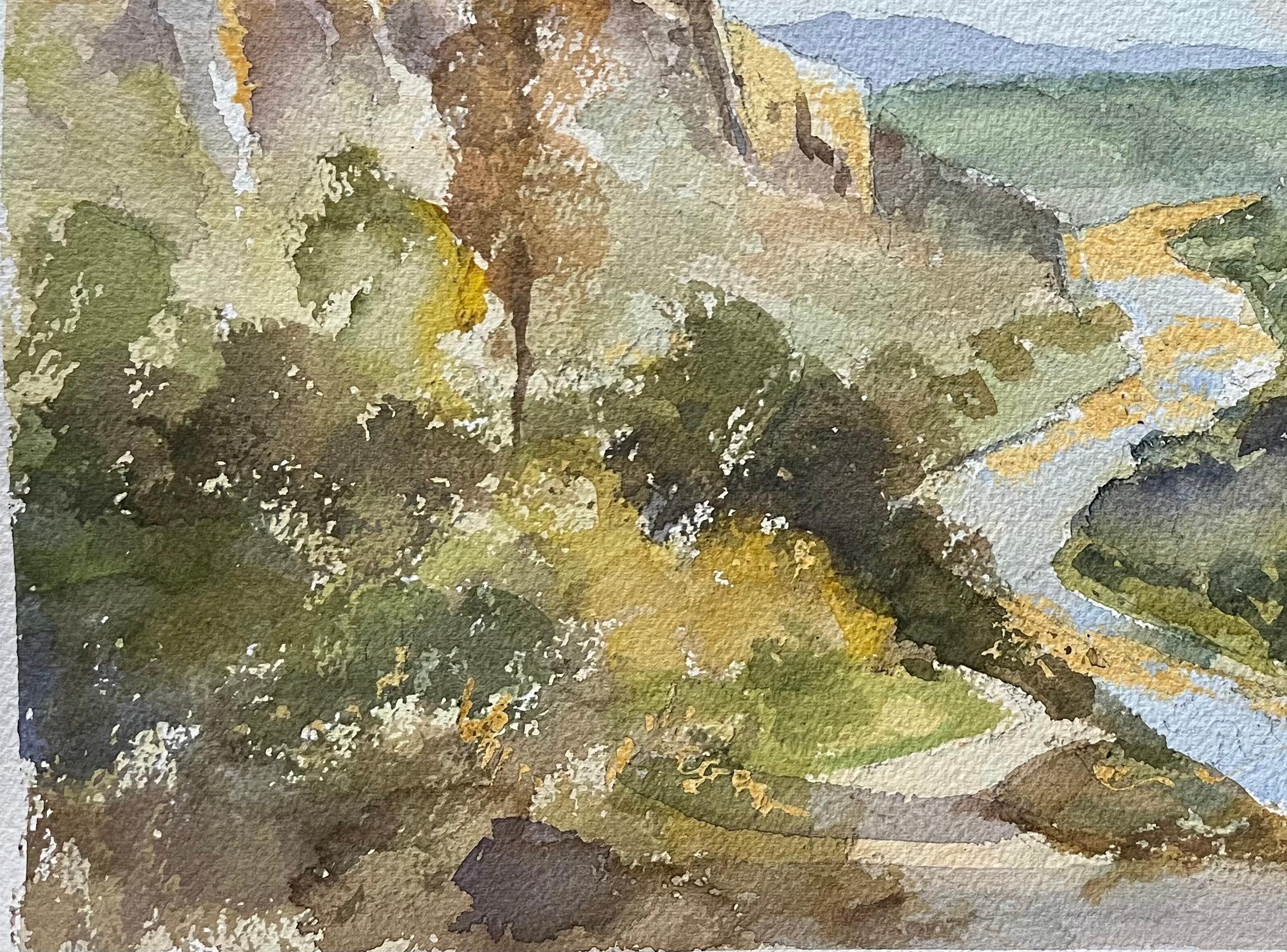Acuarela impresionista británica de un paisaje tranquilo en el valle de un río - Landscape Painting Gris de Anthony Avery
