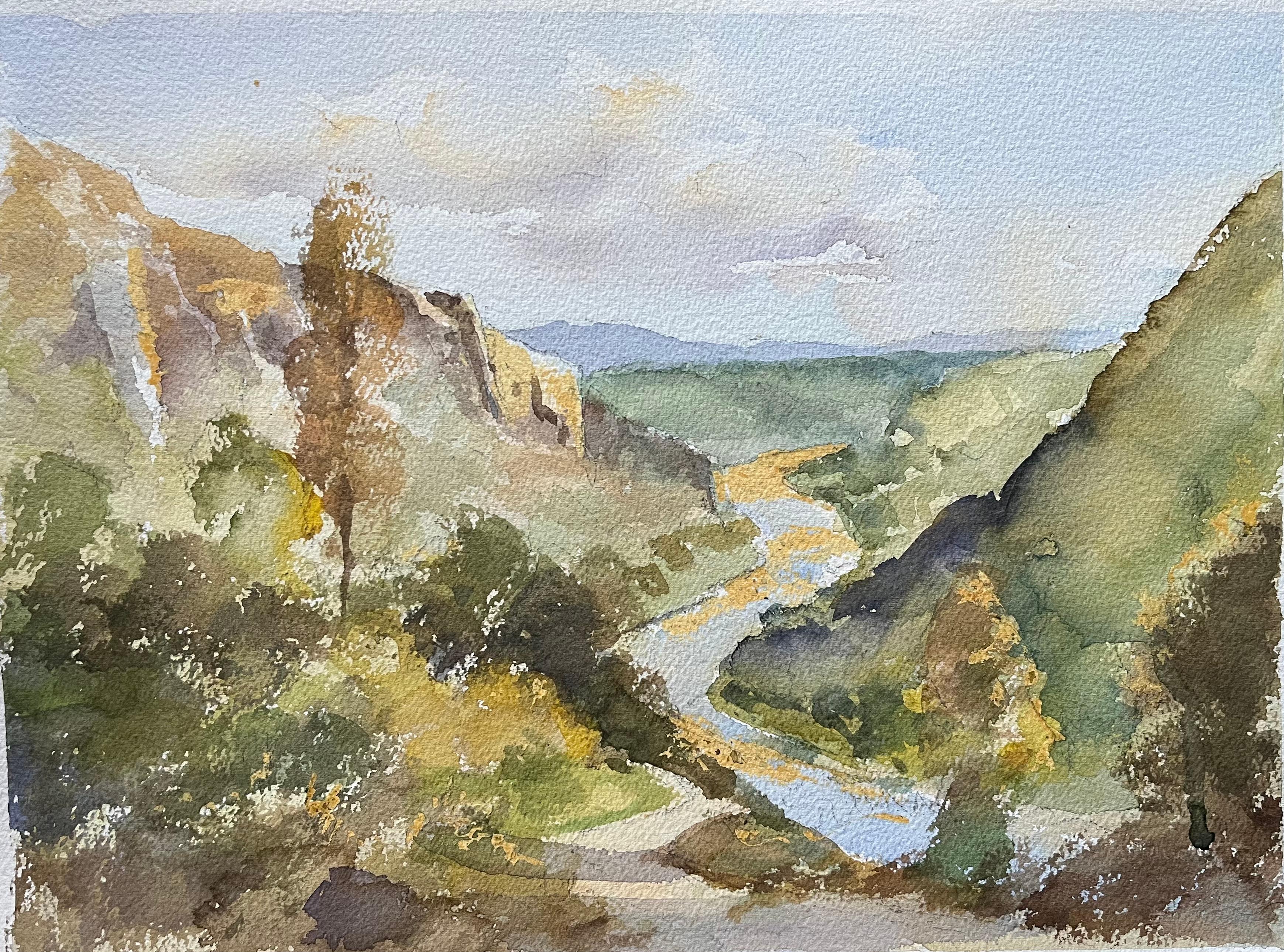 Landscape Painting de Anthony Avery - Acuarela impresionista británica de un paisaje tranquilo en el valle de un río