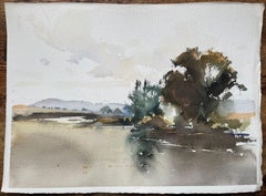 Acuarela impresionista británica de un tranquilo paisaje ribereño