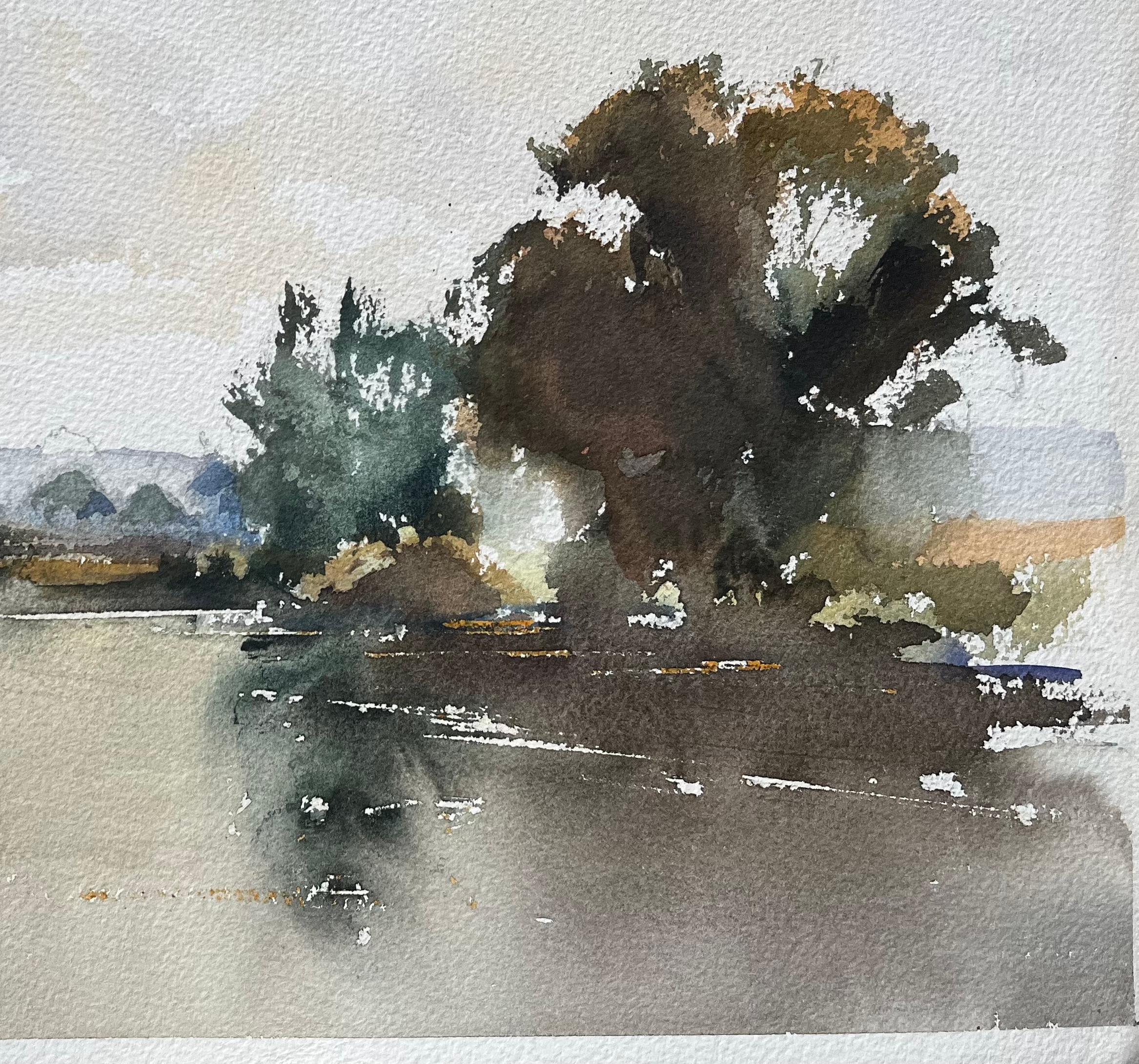 Acquerello impressionista britannico di un tranquillo paesaggio fluviale - Painting Impressionismo di Anthony Avery