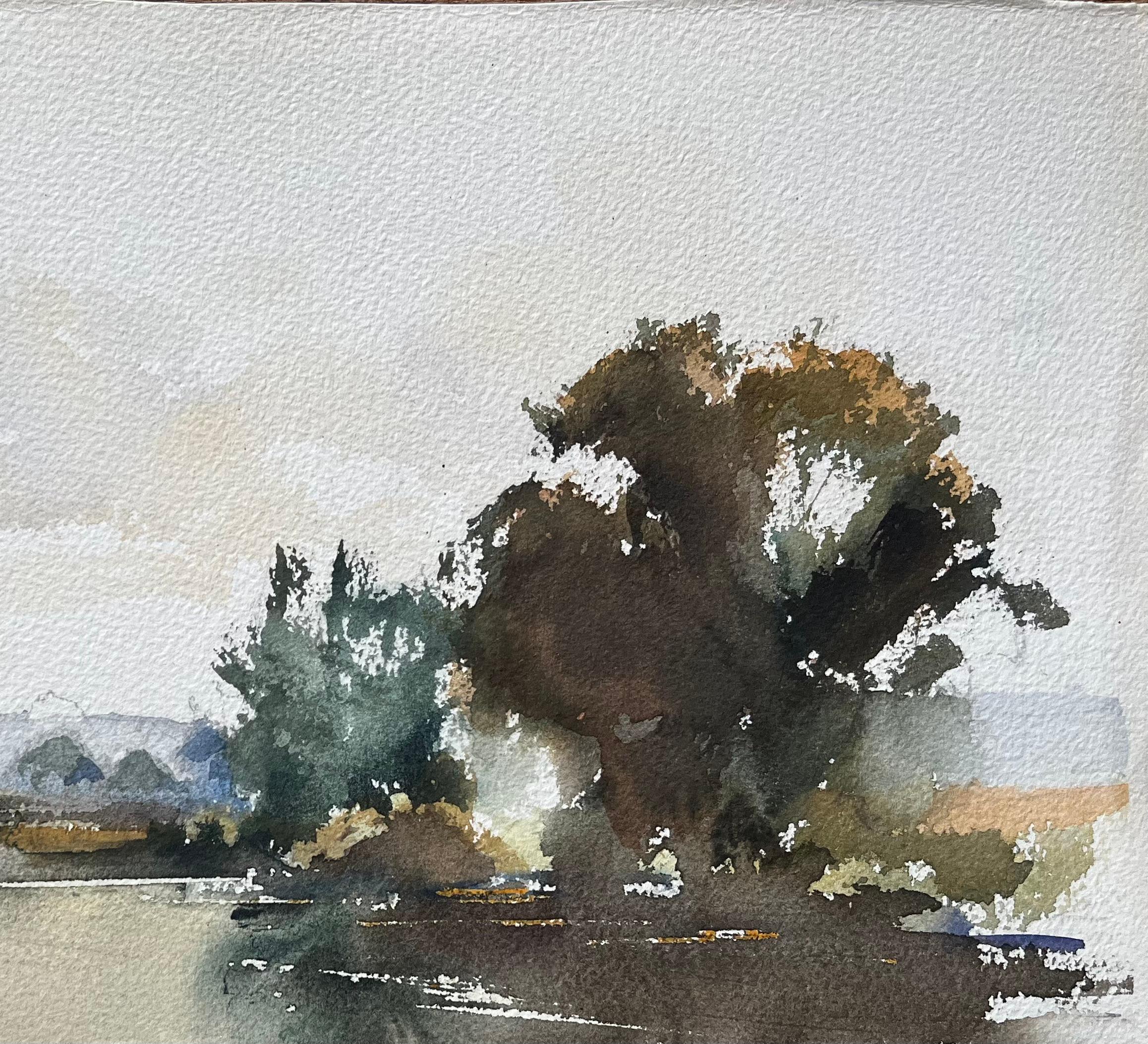 Acquerello impressionista britannico di un tranquillo paesaggio fluviale - Landscape Painting Grigio di Anthony Avery
