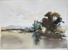 Britisches impressionistisches Aquarell einer Tranquil- Flusslandschaft, British Impressionist