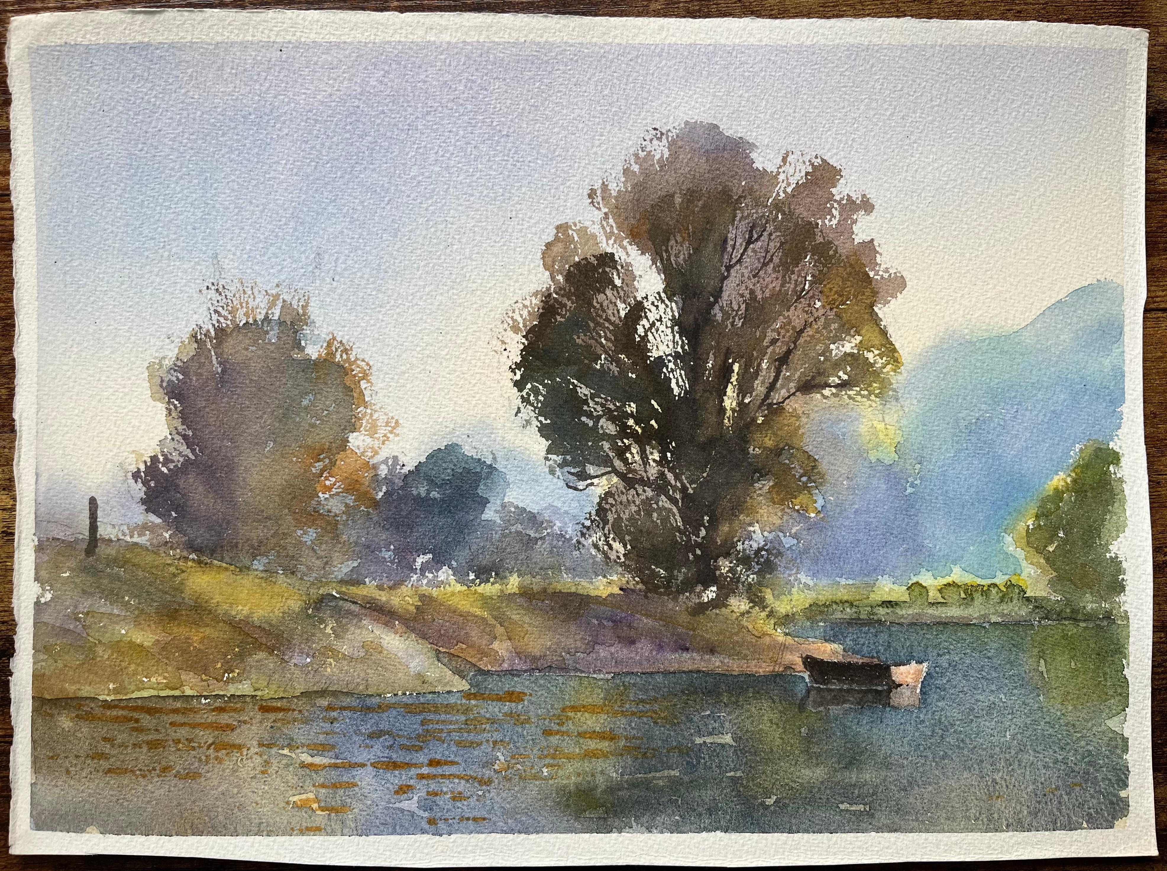 Britisches impressionistisches Aquarell einer Tranquil- Flusslandschaft mit Boot, British Impressionismus – Painting von Anthony Avery
