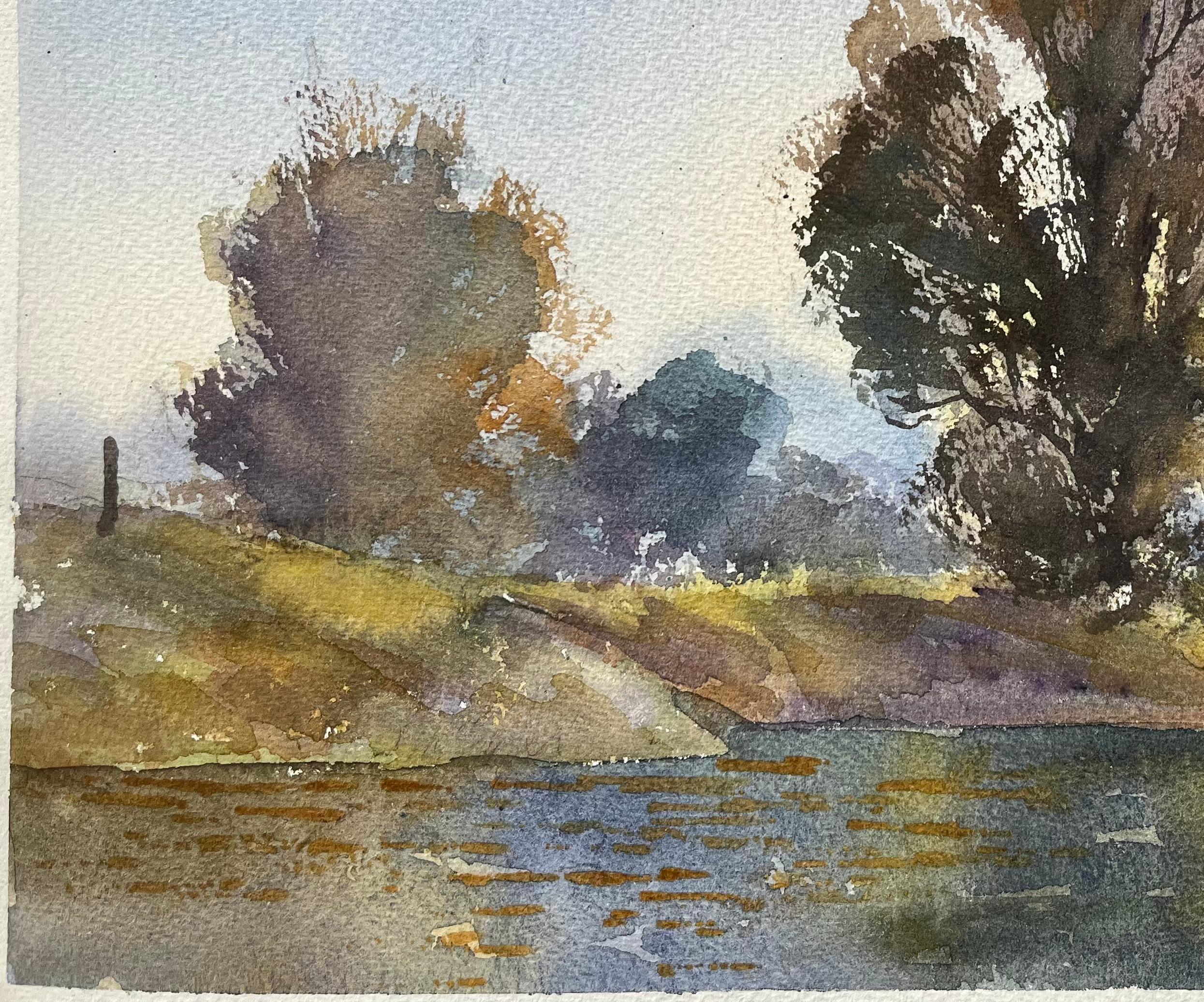 Britisches impressionistisches Aquarell einer Tranquil- Flusslandschaft mit Boot, British Impressionismus im Angebot 1