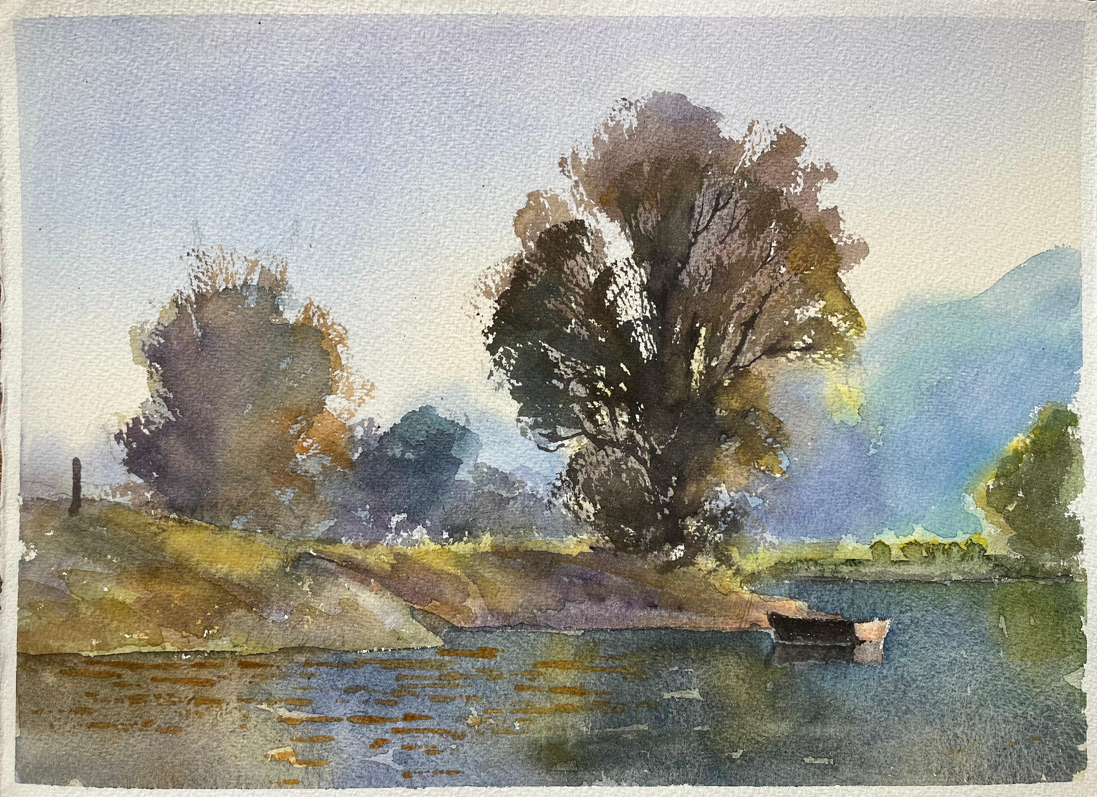 Britisches impressionistisches Aquarell einer Tranquil- Flusslandschaft mit Boot, British Impressionismus