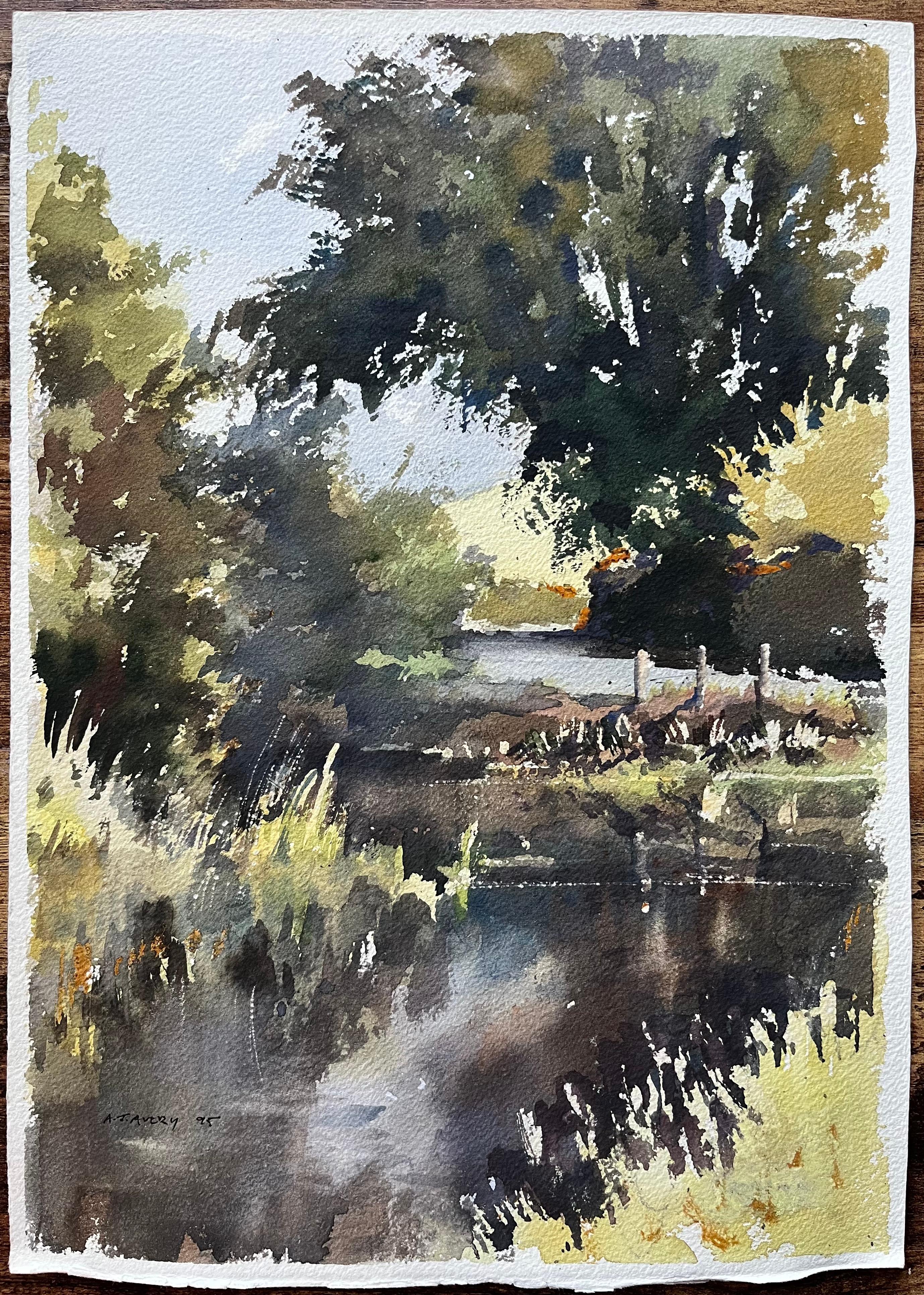 British Impressionist Watercolor of a Tranquil Riverside Landscape with Trees - Painting by Anthony Avery