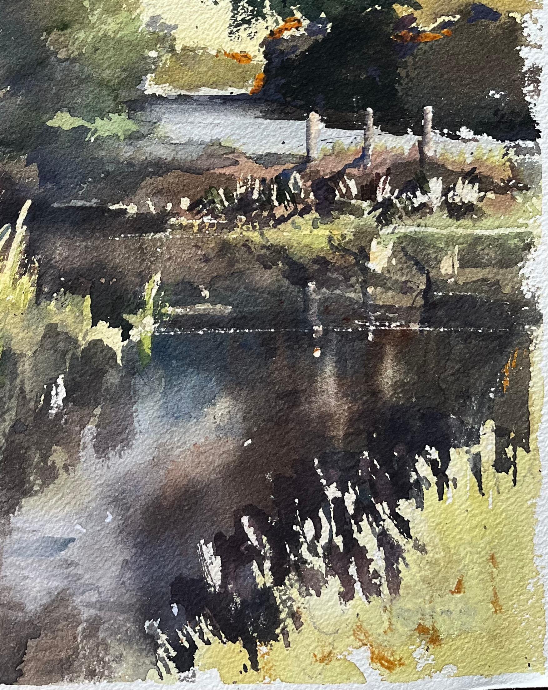 British Impressionist Watercolor of a Tranquil Riverside Landscape with Trees - Black Landscape Painting by Anthony Avery