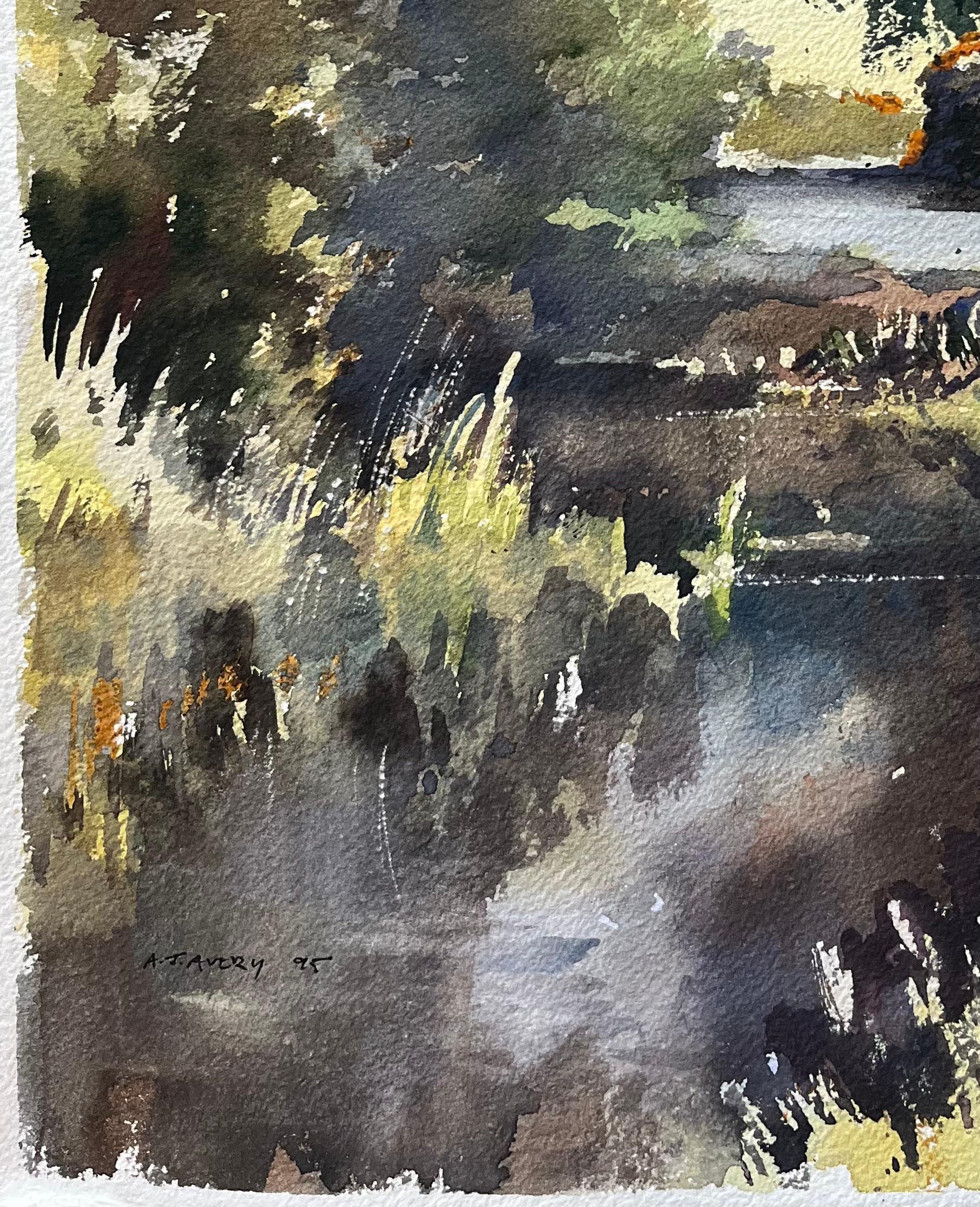 Title: British Impressionist Watercolor of a Tranquil Riverside Landscape with Trees
By Anthony Avery (British 1946-2023)
Original watercolor on artists paper, unframed
Signed: Yes
Dimensions: 15.25 x 10.75 inches (Height x Width)
Condition: Good,